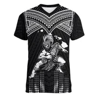 (Custom Personalised) Hawaii V-Neck T Shirt Hawaiian Warrior With Weapon Polynesian Ver.01 LT14 Female Black - Polynesian Pride