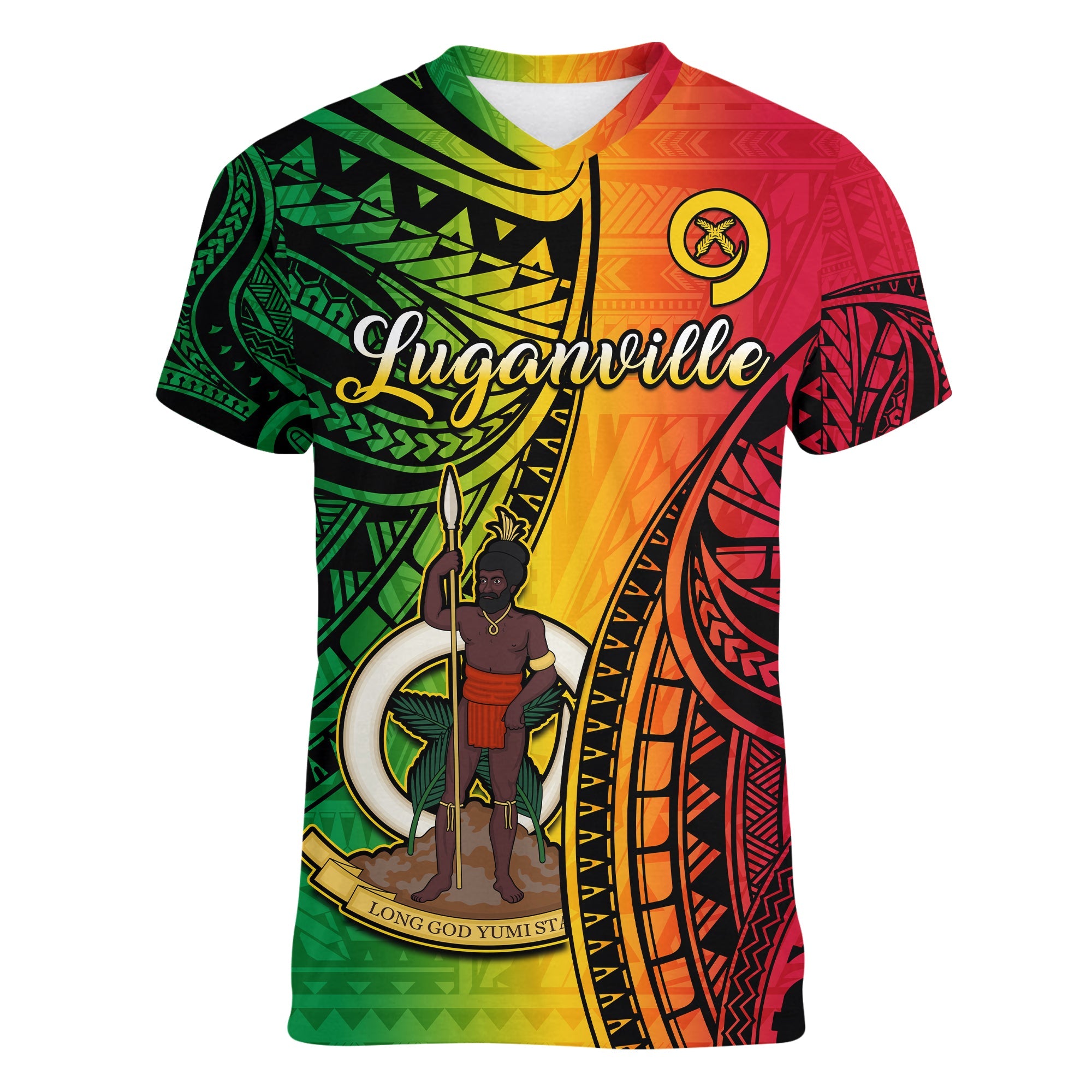 Vanuatu V-Neck T Shirt Luganville Polynesian Reggae Coat Of Arms LT14 Female Reggae - Polynesian Pride