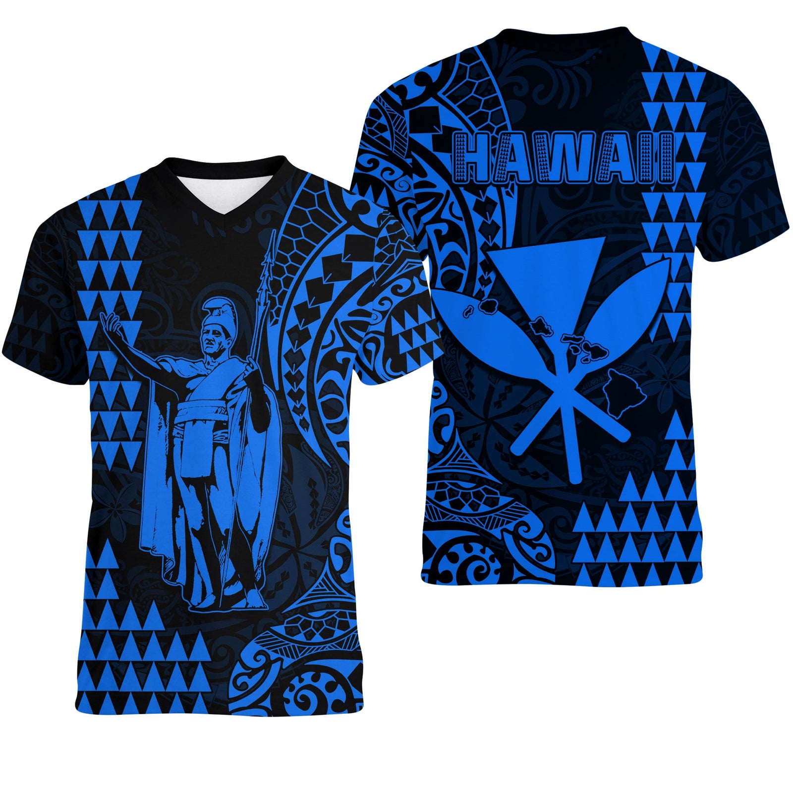 Hawaii Day Kakau V-Neck T Shirt Proud To Be Hawaiian Blue King Kamehameha and Kanaka Maoli LT13 Female Blue - Polynesian Pride
