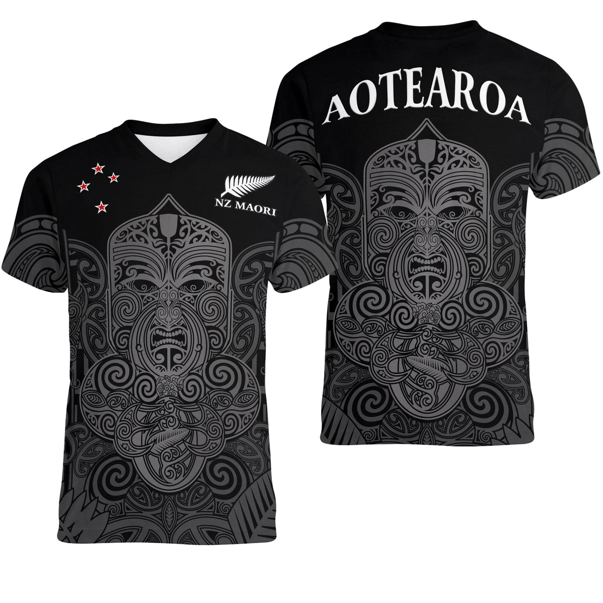 New Zealand Tiki Rugby V-Neck T Shirt NZ Maori Koru Pattern LT14 Female Black - Polynesian Pride