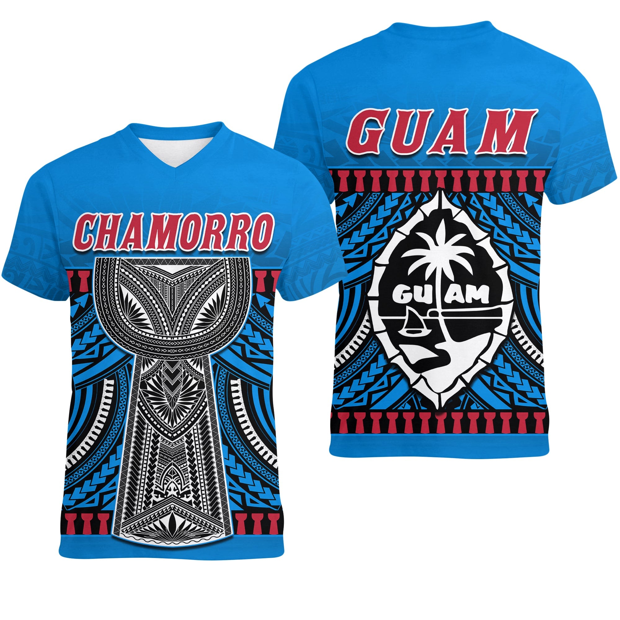 Guam Chamorro V neck T Shirt Latte Stone Blue Polynesian Haligi LT13 Blue - Polynesian Pride