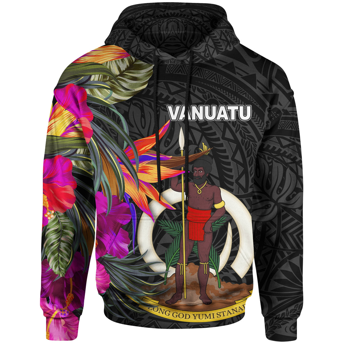 Vanuatu Hoodie Hibiscus Polynesian Pattern Unisex Black - Polynesian Pride