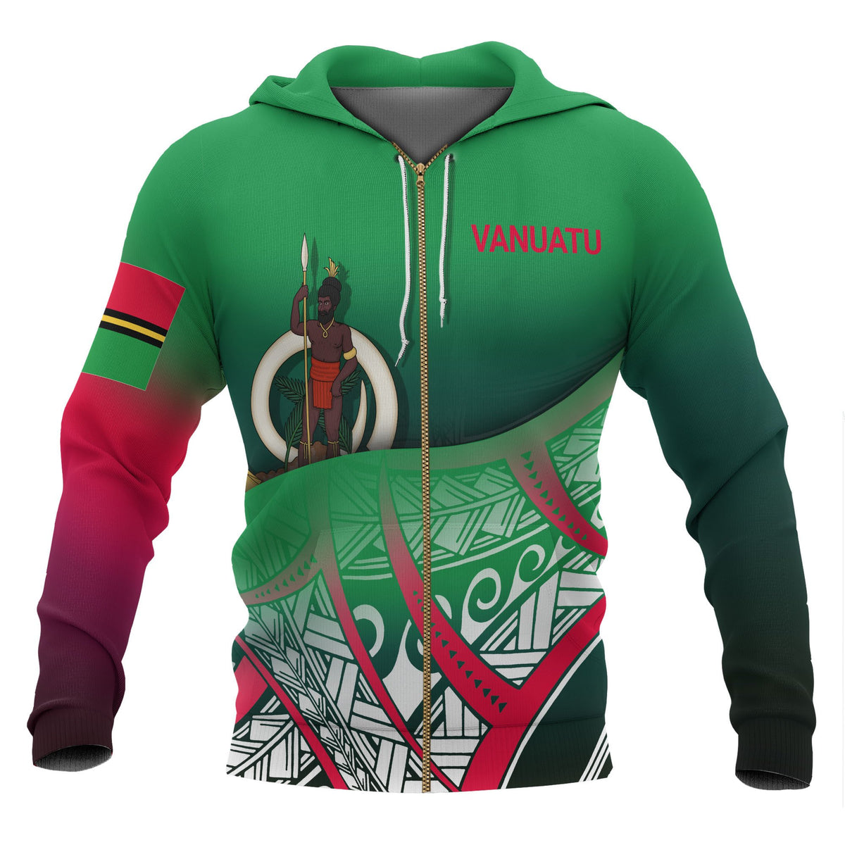 Vanuatu Coat of Arms Zip up Hoodie Polynesian Pattern Unisex Green - Polynesian Pride