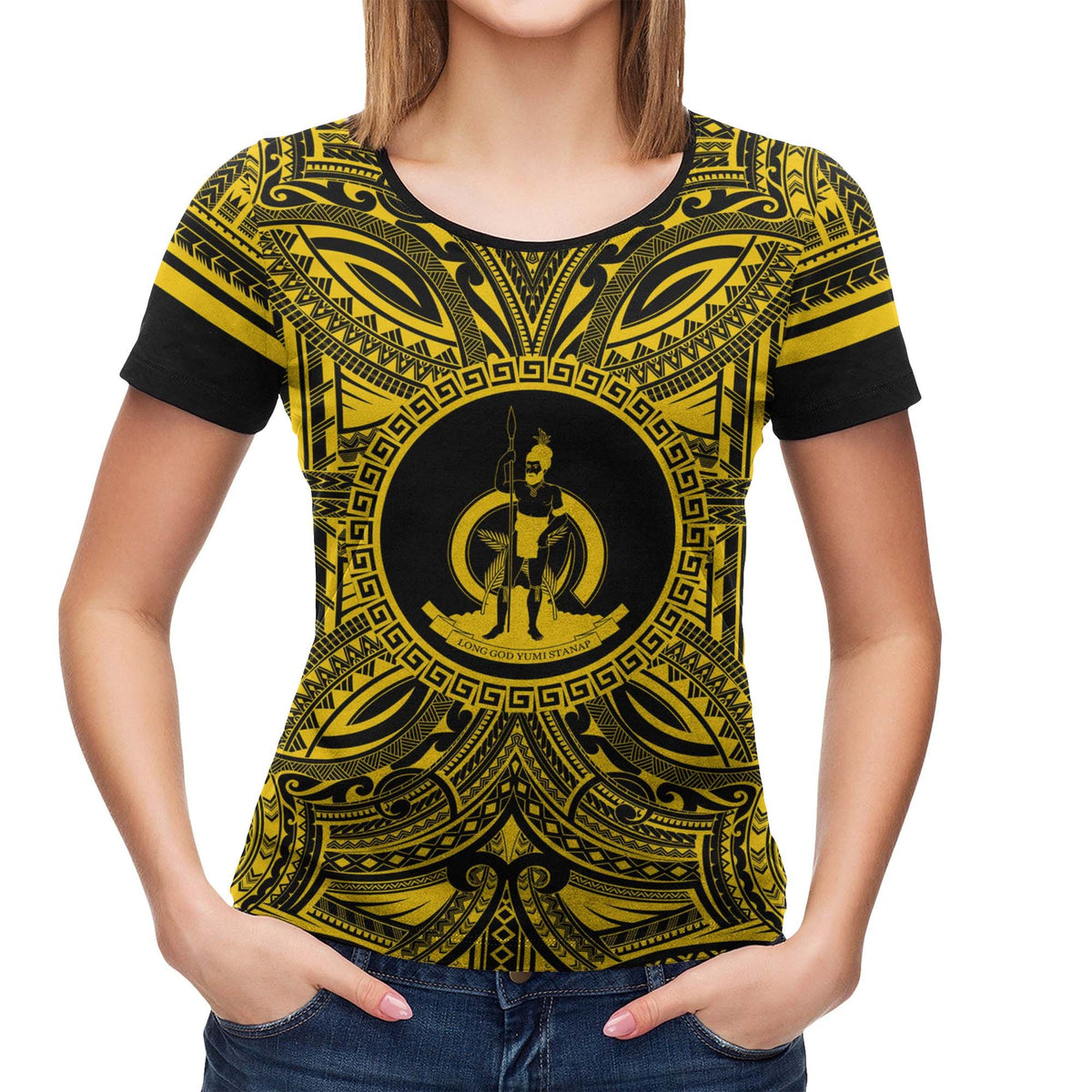 Vanuatu T Shirt Vanuatuan Coat of Arms Polynesian Gold Black - Polynesian Pride