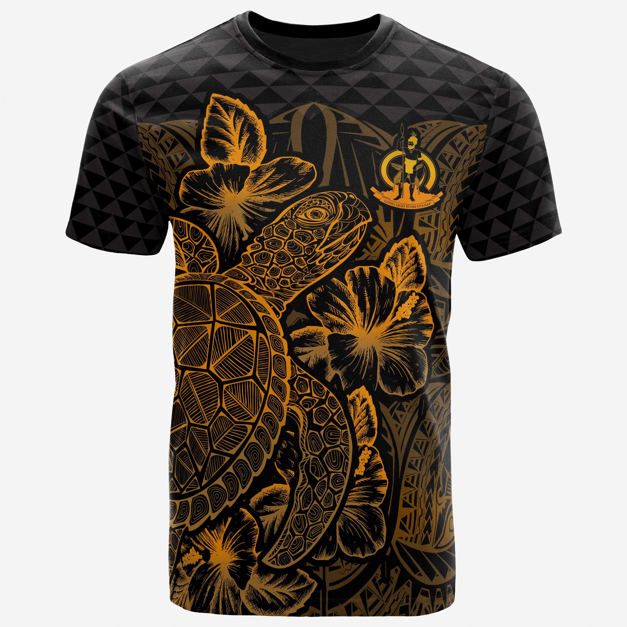 Vanuatu T Shirt Vanuatuan Coat of Arms Turtle Hibiscus Gold Unisex Gold - Polynesian Pride