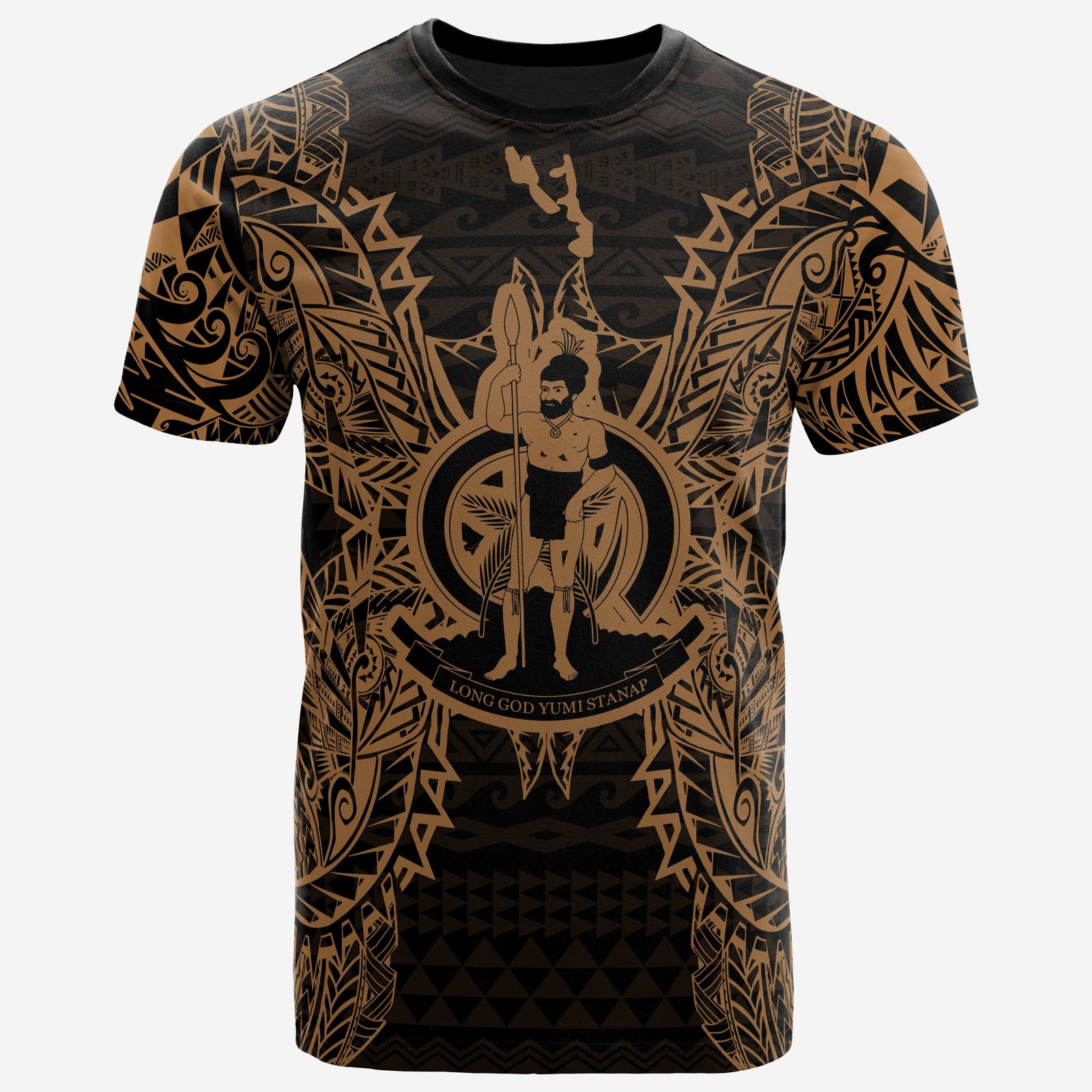 Vanuatu T Shirt Vanuatuan Coat of Arms Map Polynesian Tattoo Gold Unisex Gold - Polynesian Pride