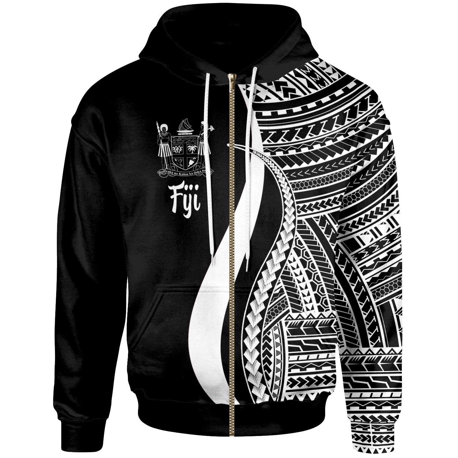 Fiji Zip up Hoodie White Tentacle Tribal Pattern Crest Unisex White - Polynesian Pride