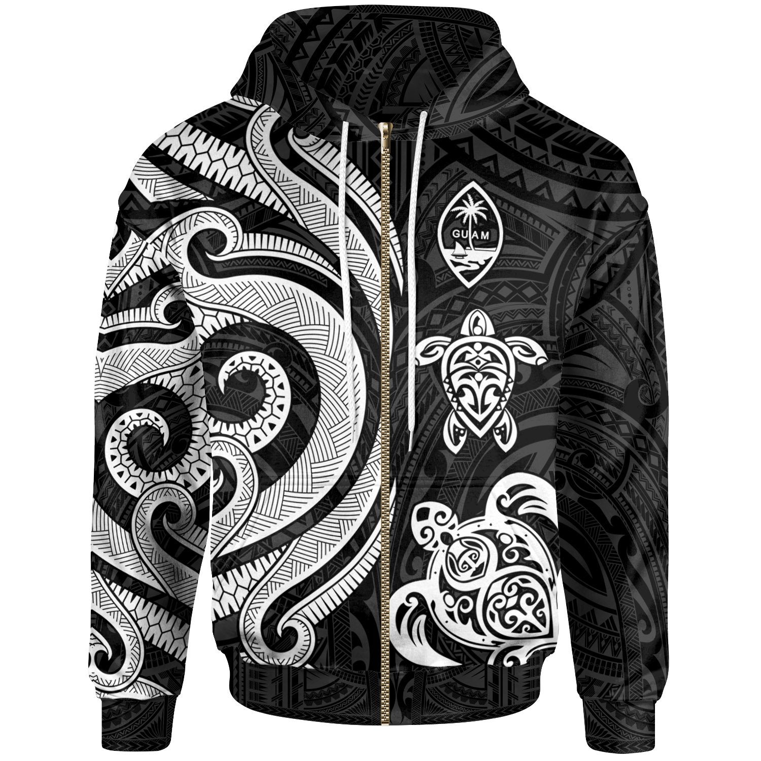 Guam Polynesian Zip up Hoodie White Tentacle Turtle Unisex White - Polynesian Pride