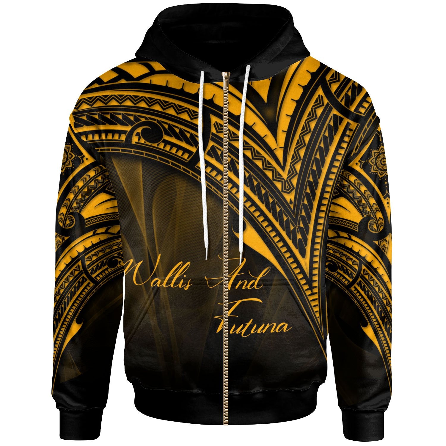 Wallis and Futuna Zip Hoodie Gold Color Cross Style Unisex Black - Polynesian Pride