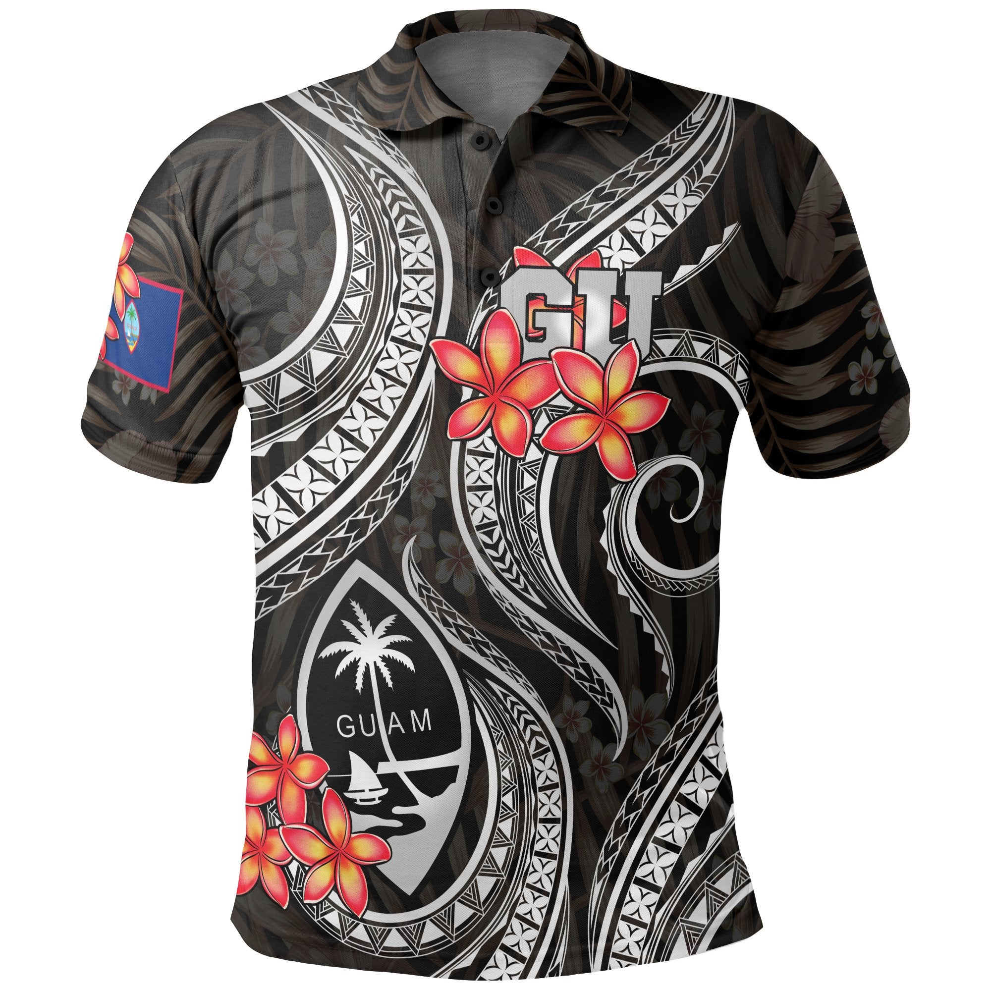 Guam Polynesian Polo Shirt Black Plumeria Unisex BLACK - Polynesian Pride
