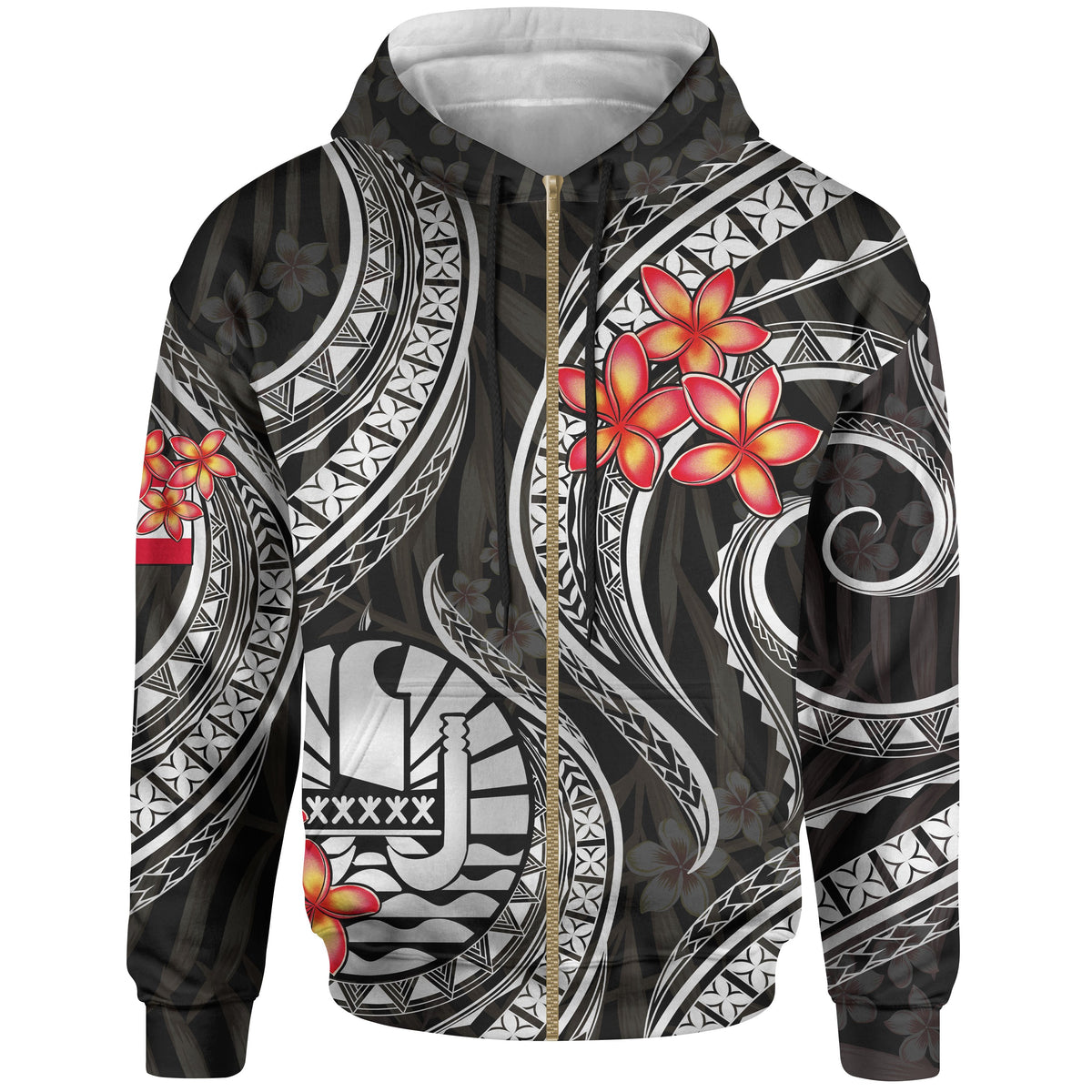 Tahiti Polynesian Zip up Hoodie White Plumeria Unisex WHITE - Polynesian Pride