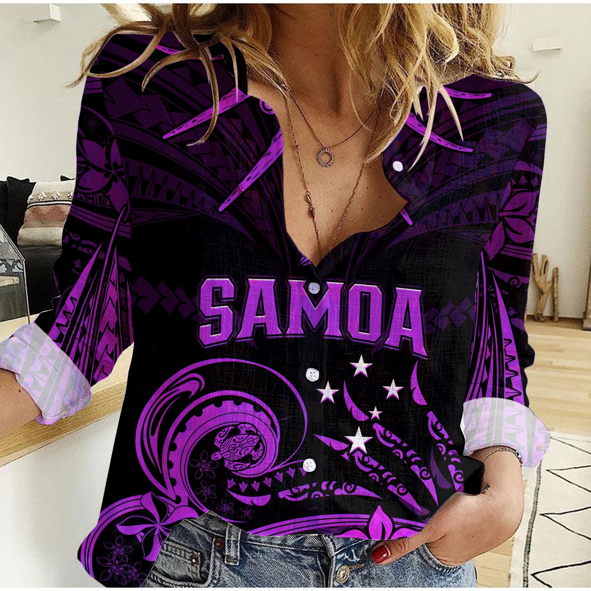 (Custom Personalised) Samoa Tatau Women Casual Shirt Purple Polynesian Ula Nifo LT13 Female Purple - Polynesian Pride