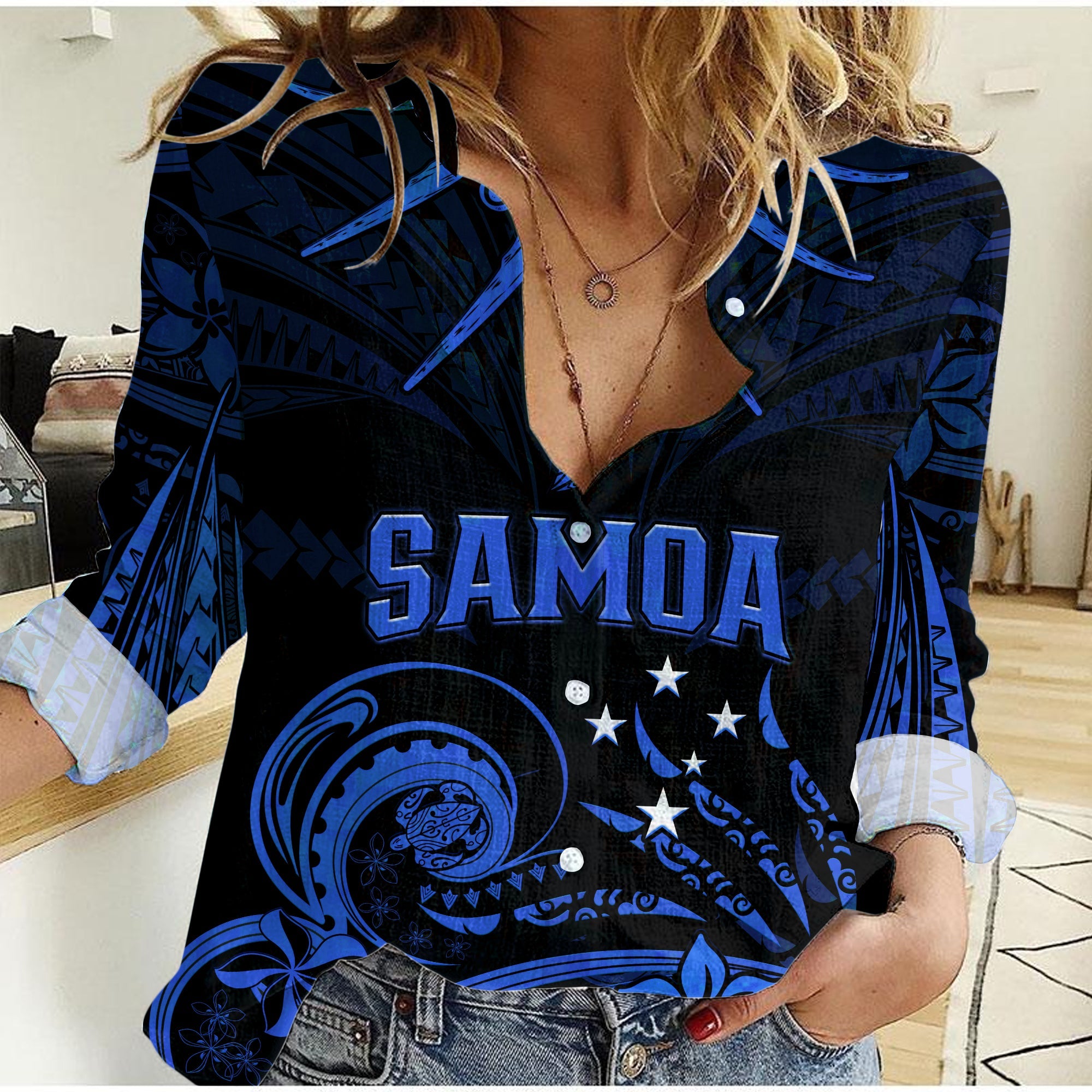 (Custom Personalised) Samoa Tatau Women Casual Shirt Blue Polynesian Ula Nifo LT13 Female Blue - Polynesian Pride