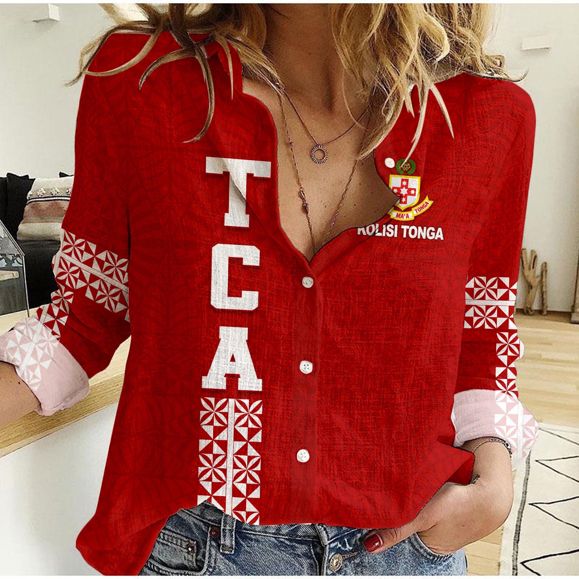 (Custom Personalised) Kolisi Tonga Women Casual Shirt - TCA LT13 Female Red - Polynesian Pride