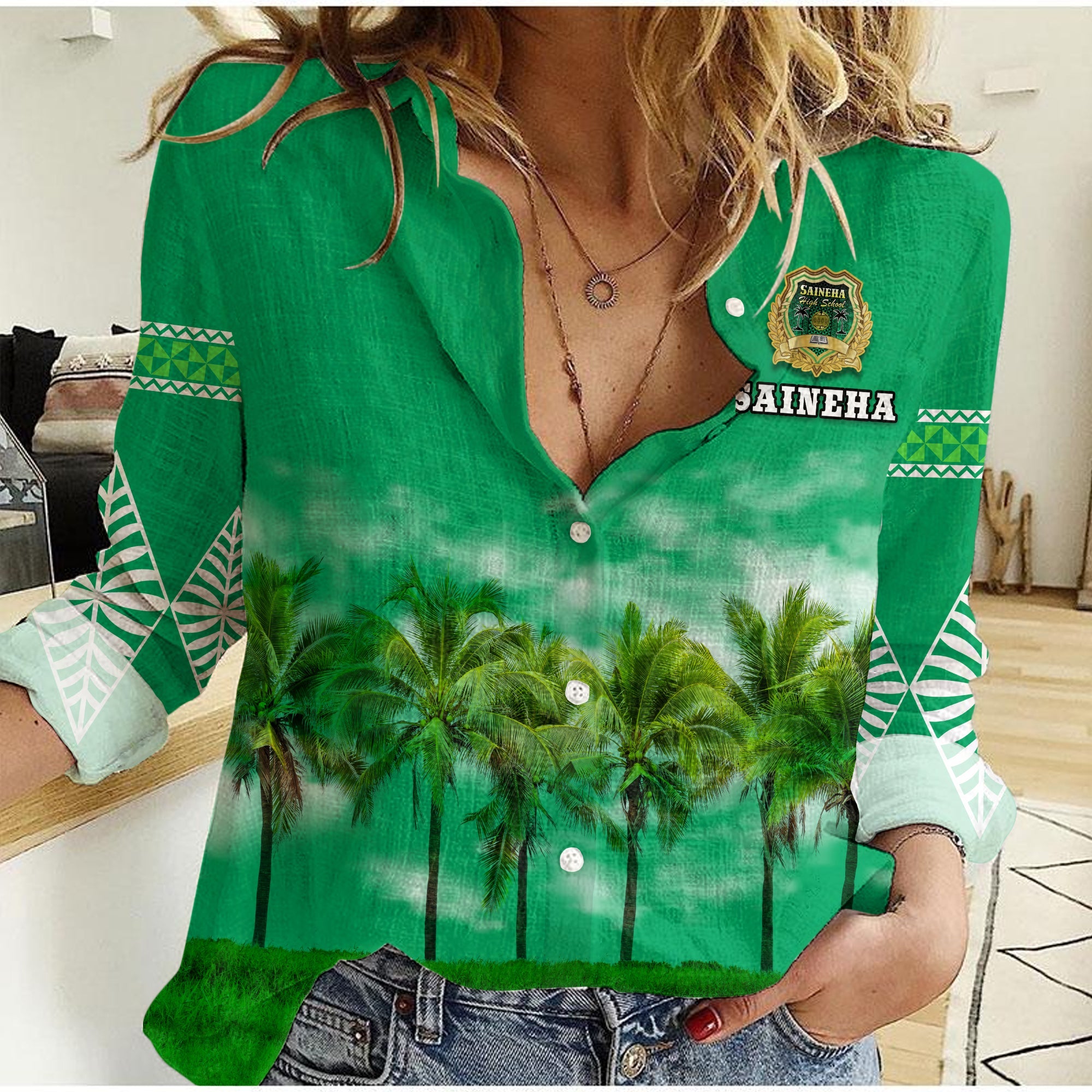 (Custom Personalised) Saineha High School Women Casual Shirt Original LT13 Female Green - Polynesian Pride