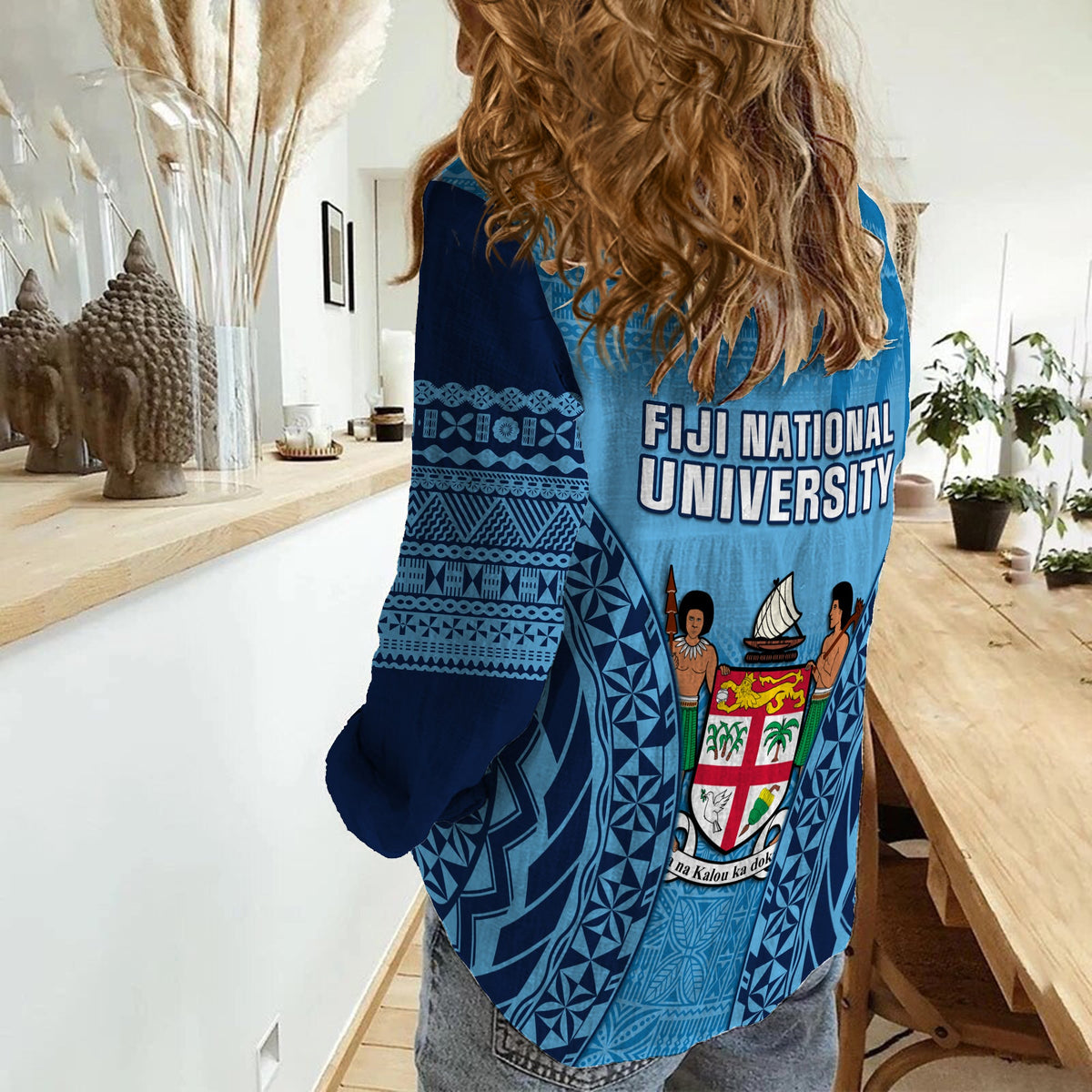 Fiji University Women Casual Shirt National Fijian Tapa Pattern Blue LT14 - Polynesian Pride