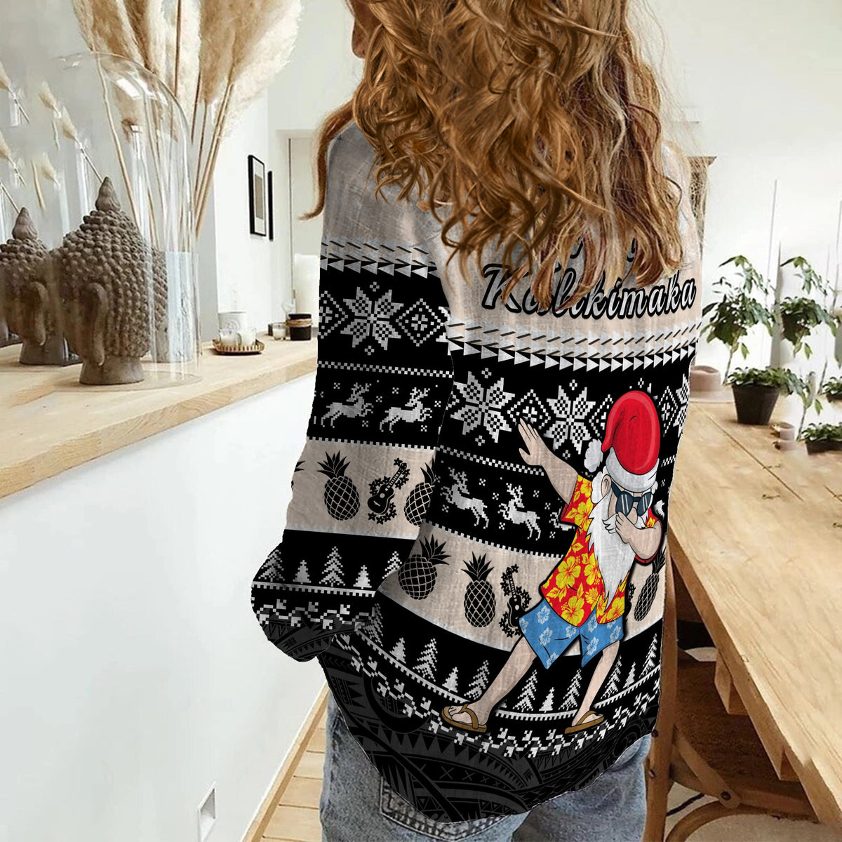 Hawaii Mele Kalikimaka Women Causal Shirt Dabbing Santa Black Merry Christmas LT14 - Polynesian Pride