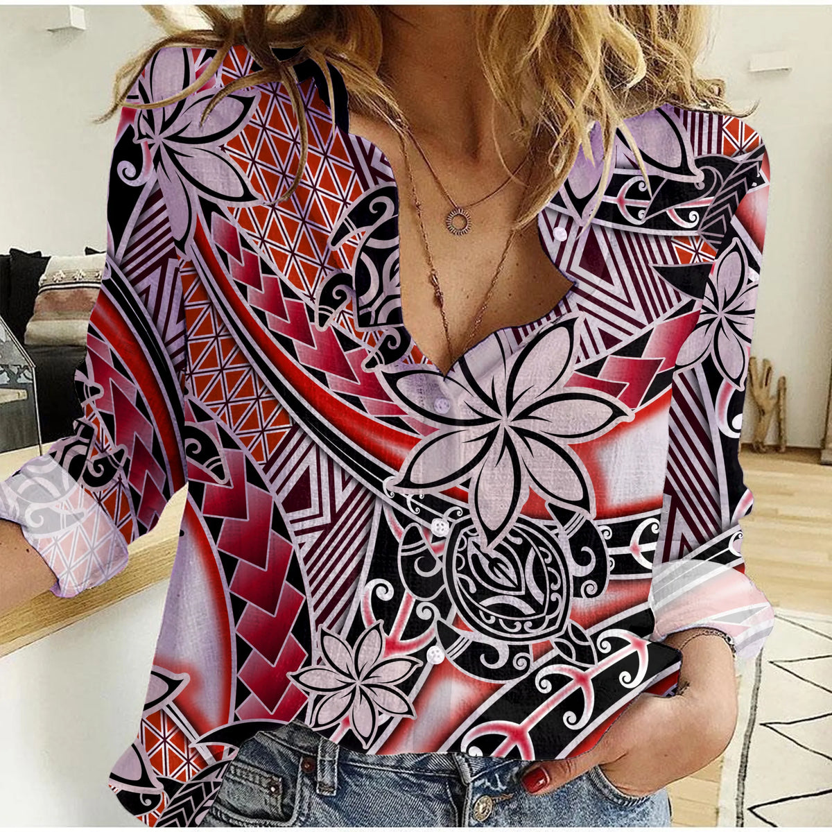 (Custom Personalised) Hawaii Women Casual Shirt Tribal Plumeria With Polynesian Turtle Ver.03 LT14 Female Red - Polynesian Pride