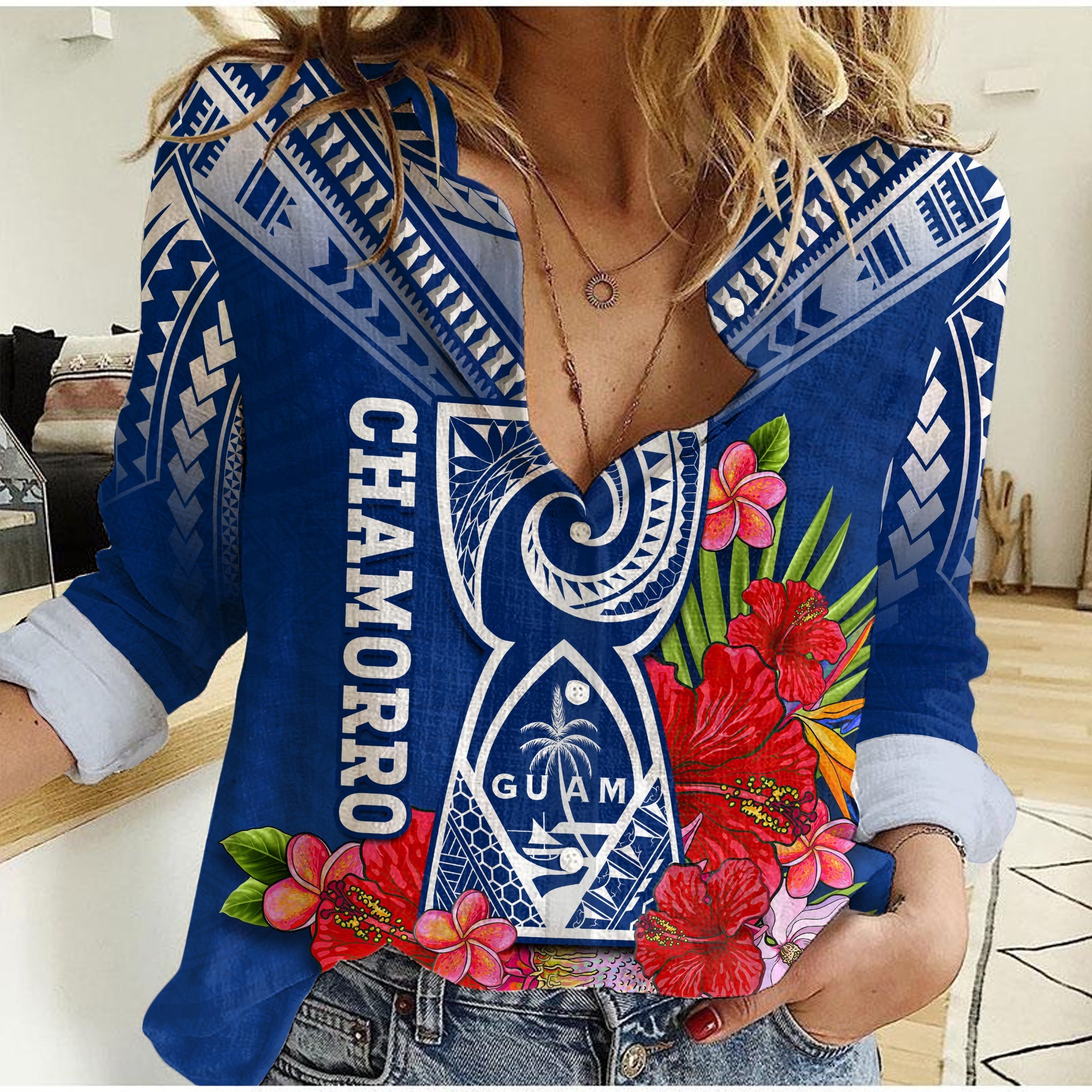 (Custom Personalised) Guam Chamorro Women Casual Shirt Guaman Latte Stone Tropical Flowers Blue Version LT14 Female Blue - Polynesian Pride