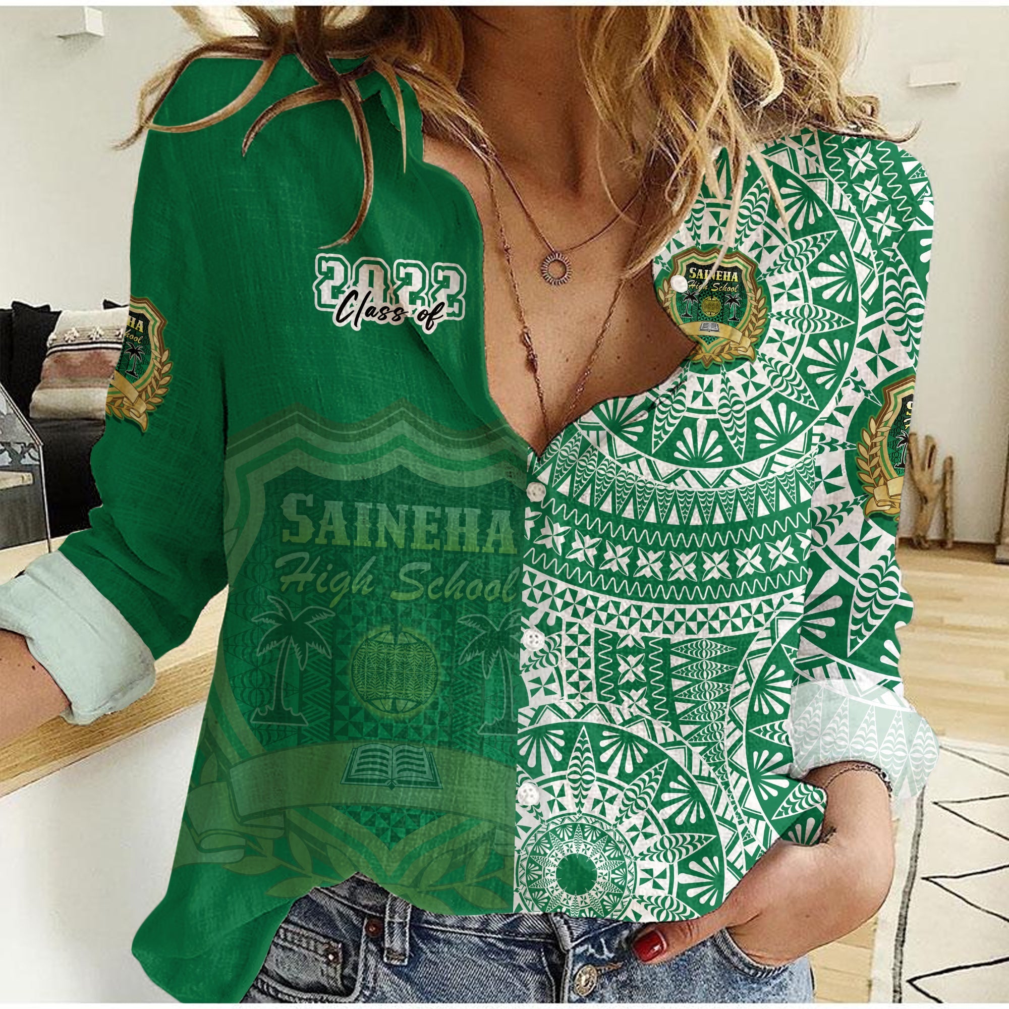 (Custom Text And Number) Tonga Saineha High School Women Casual Shirt Class Of Year Tongan Ngatu Pattern LT14 Female Green - Polynesian Pride