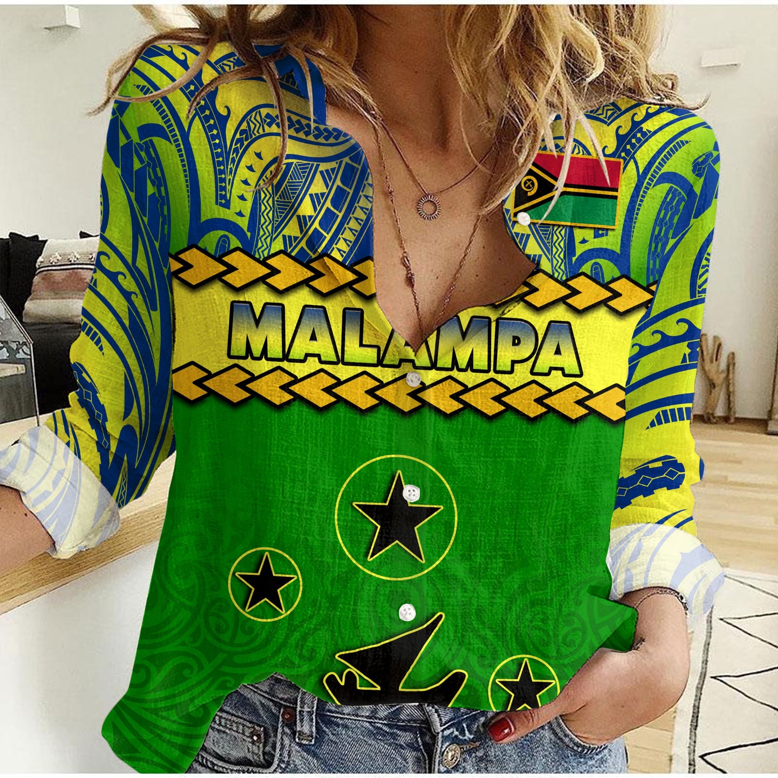 Malampa Province Women Casual Shirt Vanuatu Pig Tusk Polynesian Flag Style LT14 Female Green - Polynesian Pride