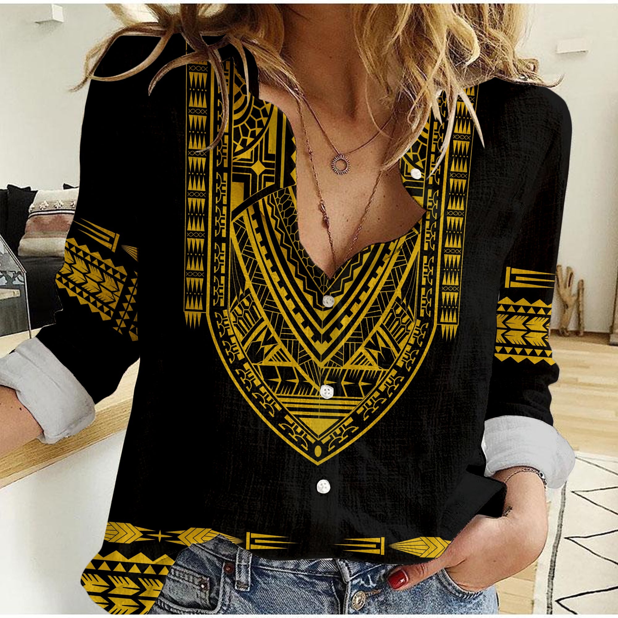 (Custom Personalised) Polynesian Women Casual Shirt Dashiki With Polynesian Tattoo Royal Golden Version LT14 Female Black - Polynesian Pride