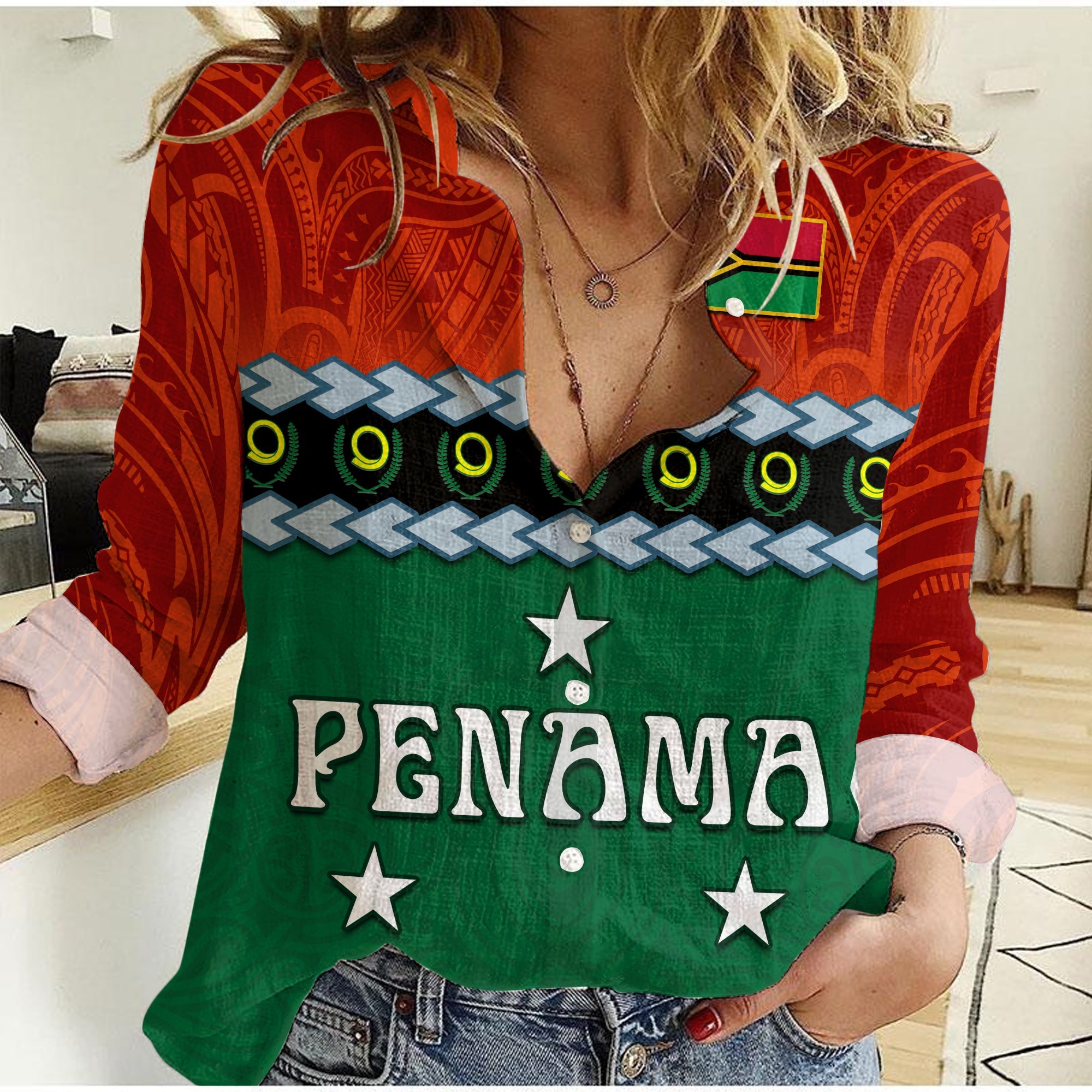 (Custom Personalised) Penama Province Women Casual Shirt Vanuatu Pig Tusk Polynesian Flag Style LT14 Female Green - Polynesian Pride