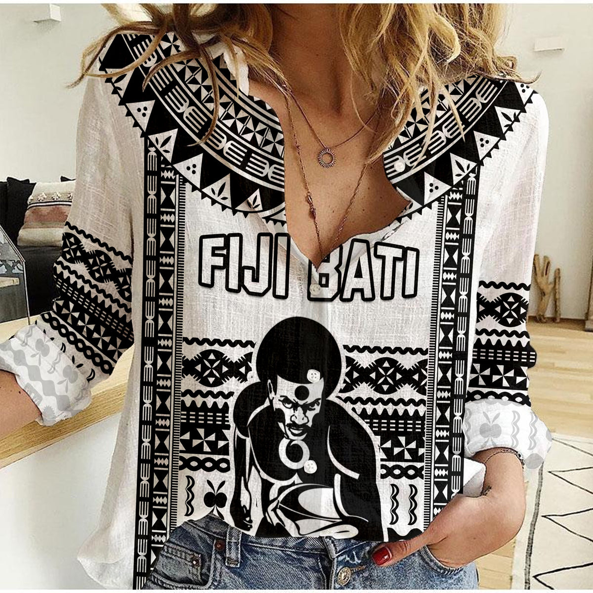 Custom Text And Number Fiji Rugby Women Casual Shirt Pacific The Bati Black Fijian Tapa LT14 Female Black - Polynesian Pride