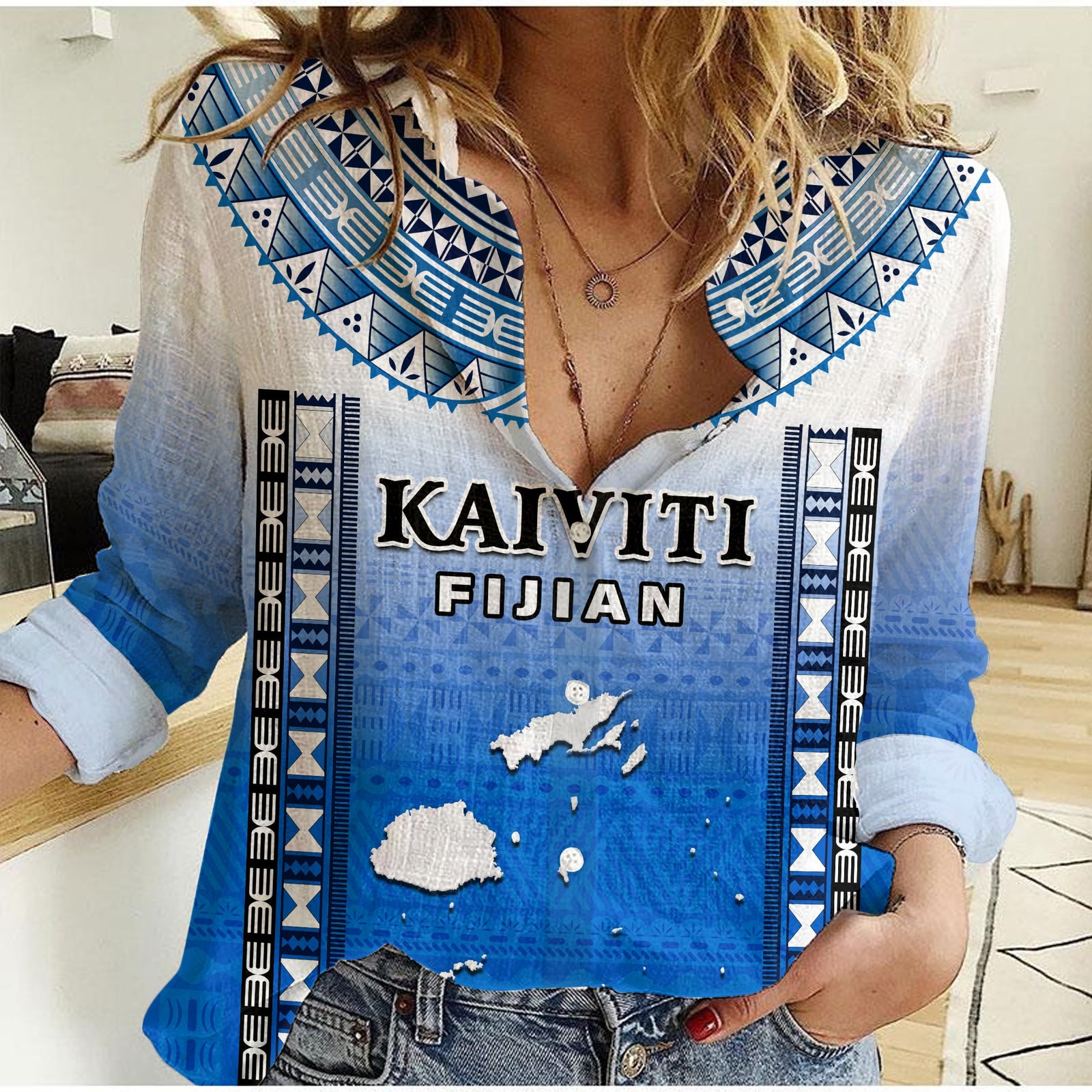 Custom Text And Number Fiji Women Casual Shirt Kaiviti Fijian Special Tapa Pattern LT14 Female Blue - Polynesian Pride