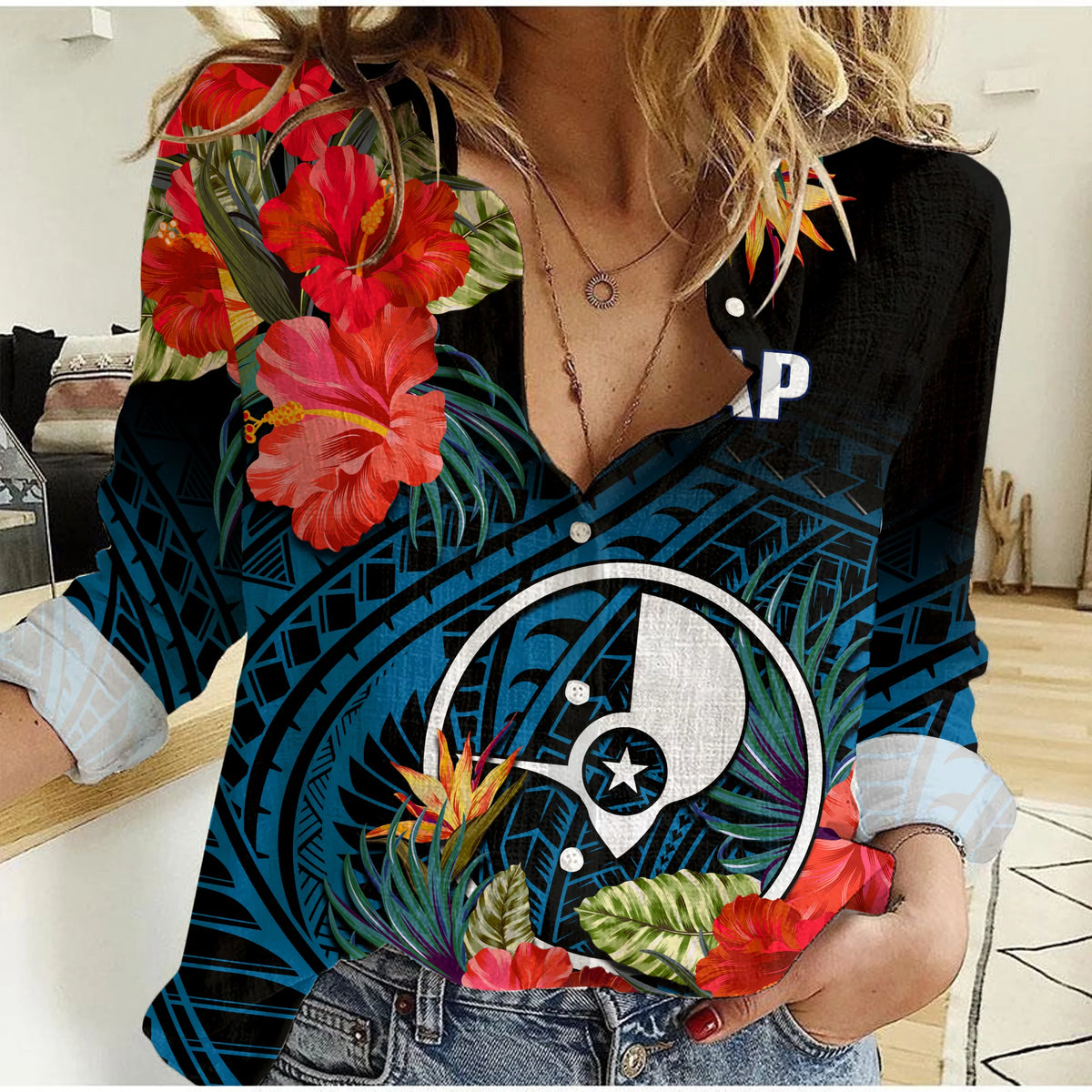 (Custom Personalised) Yap State Women Casual Shirt FSM Hibiscus Flowers Mix Polynesian LT14 Female Blue - Polynesian Pride