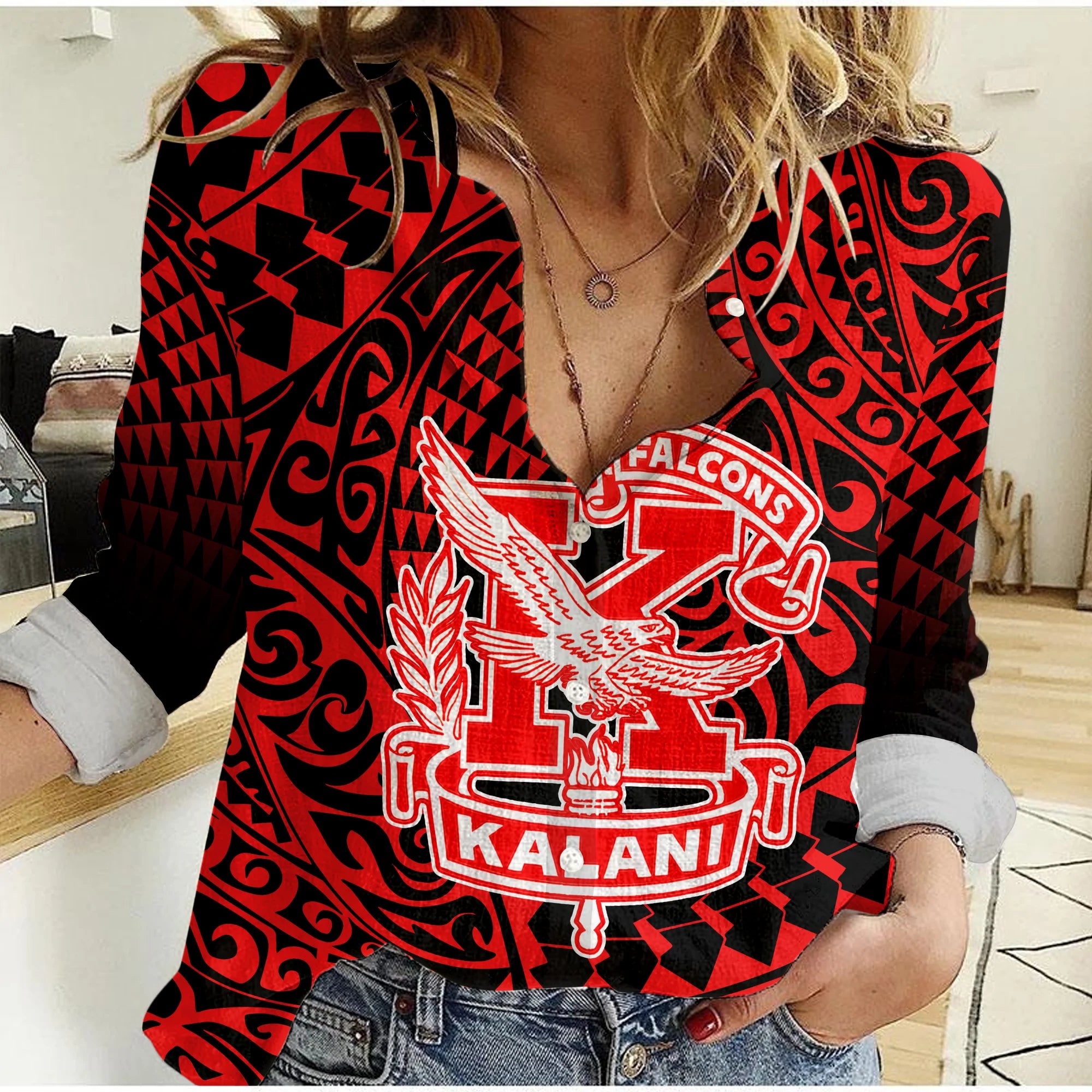 Hawaii Women Casual Shirt Kalani High School Tribal Kakau LT14 Female Red - Polynesian Pride