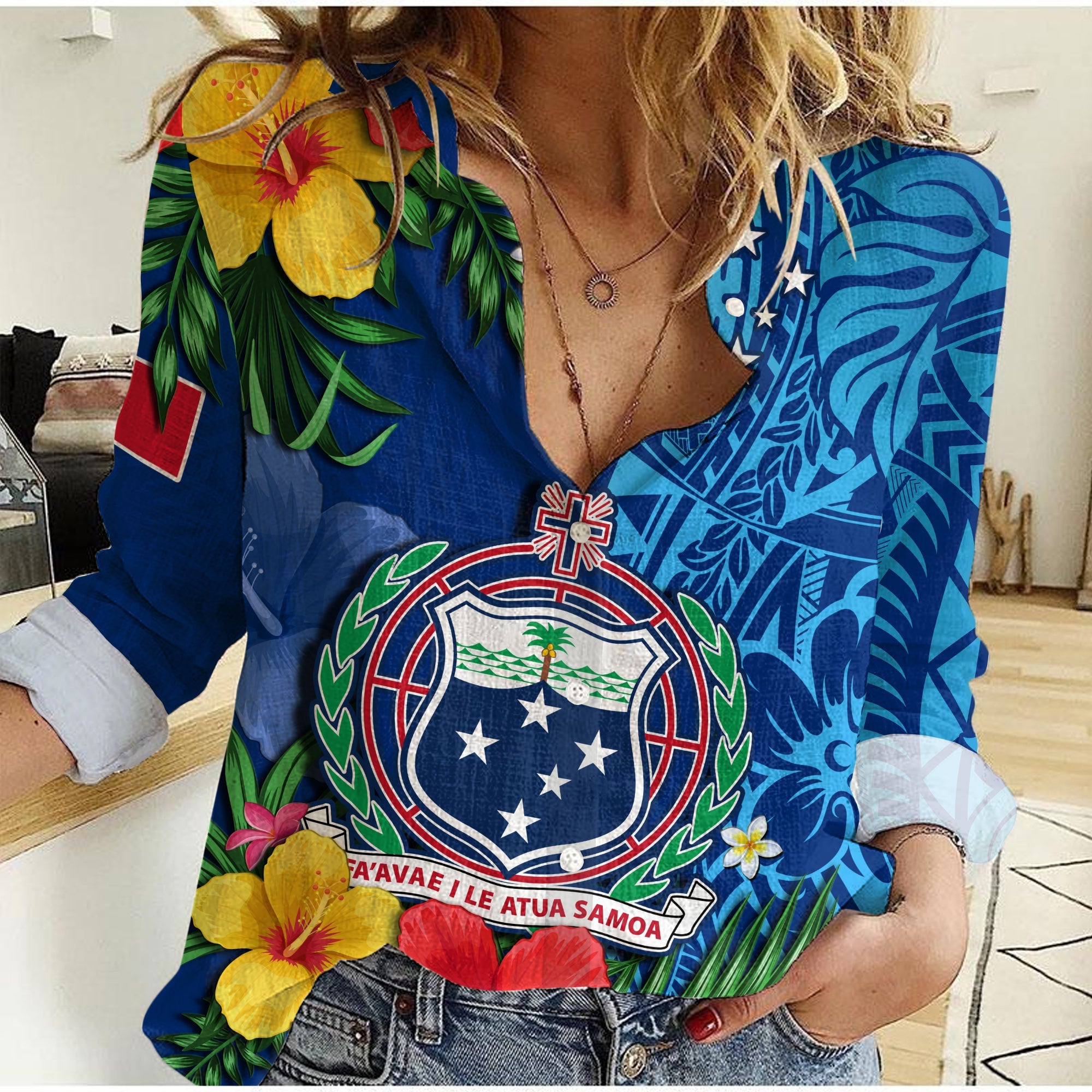 (Custom Personalised) Samoa Women Casual Shirt Coat Of Arms Mix Tropical Flowers LT14 Female Blue - Polynesian Pride