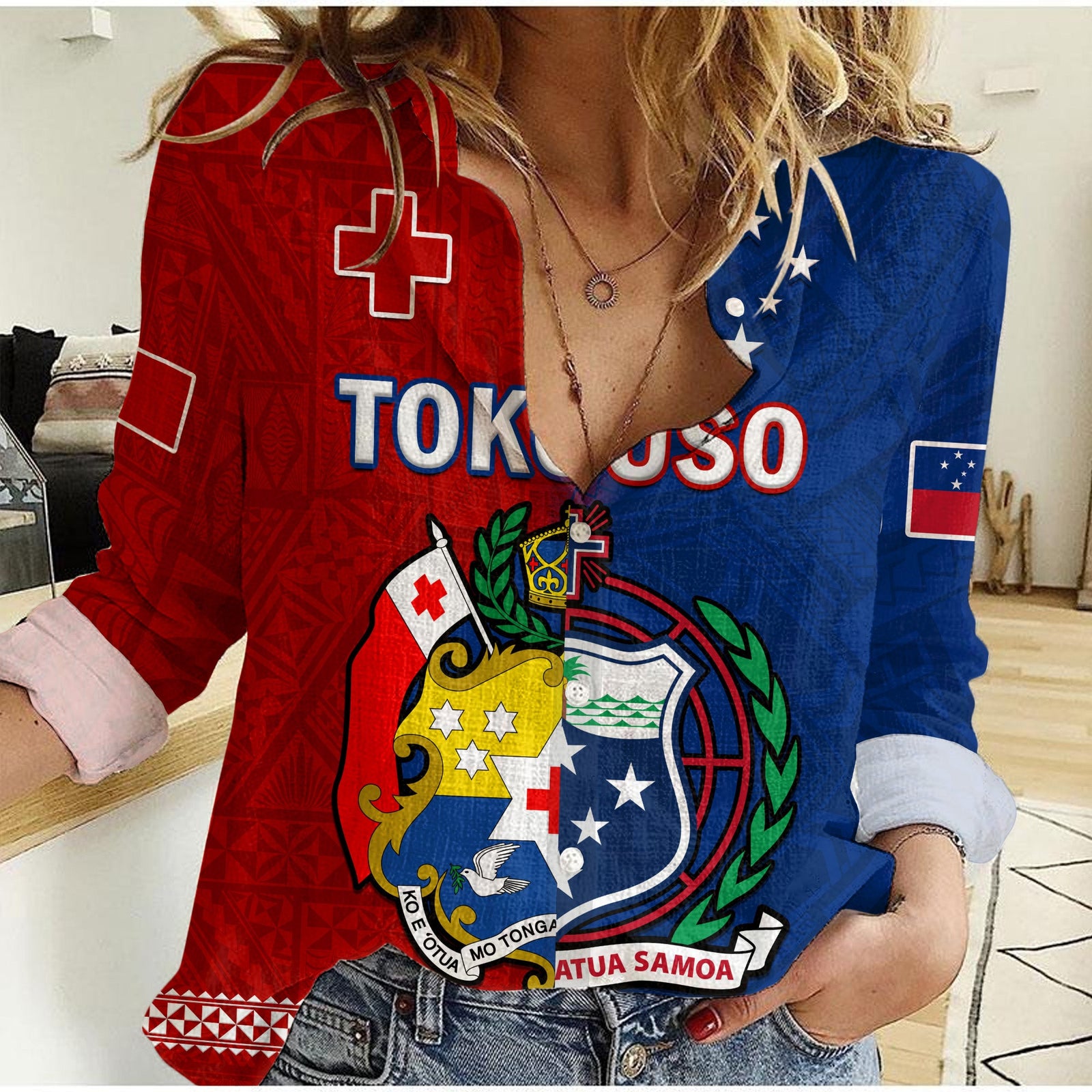 TokoUso Women Casual Shirt Tonga and Samoa United We Stand Divided We Fall LT14 Female Blue - Polynesian Pride