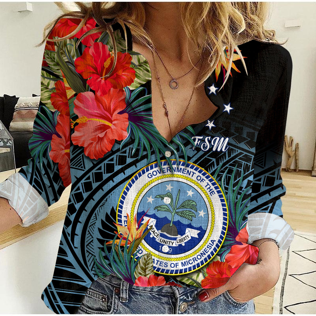 Federated States of Micronesia Women Casual Shirt Hibiscus Flowers FSM Seal Polynesian LT14 Female Black - Polynesian Pride