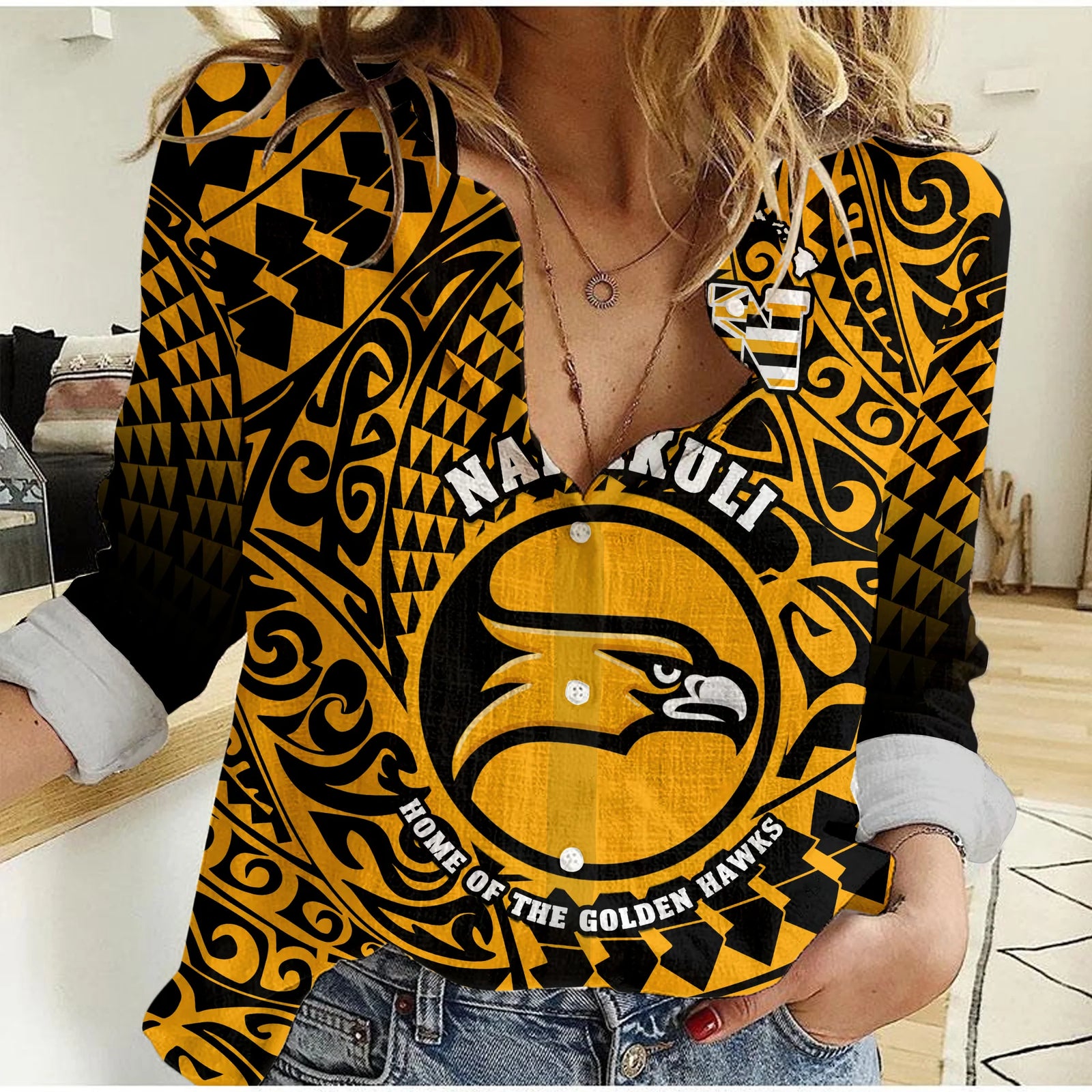 (Custom Text And Number) Hawaii Women Casual Shirt Nanakuli High and Intermediate School Tribal Kakau LT14 Female Gold - Polynesian Pride