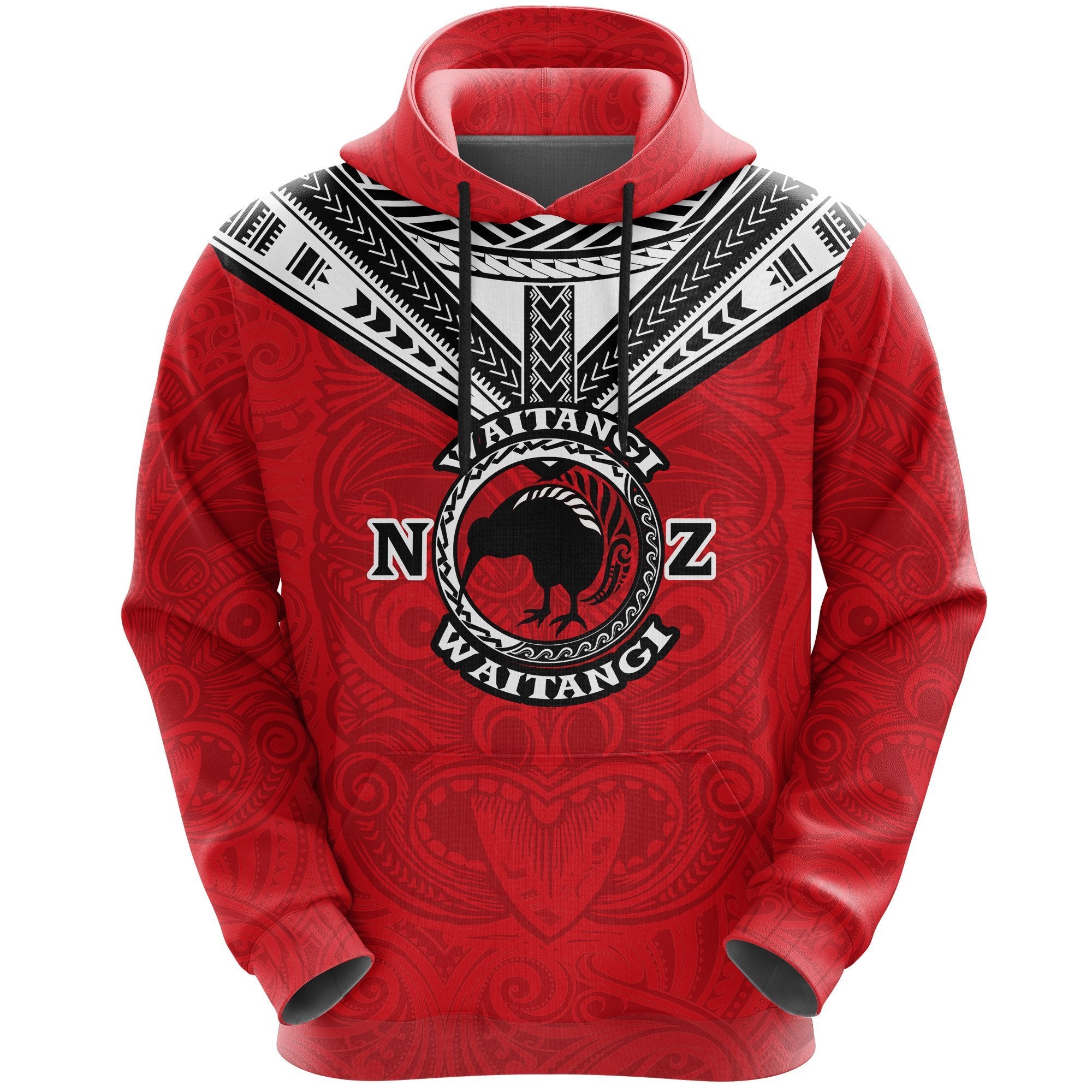 New Zealand Maori Hoodie Waitangi Day Red Unisex Black - Polynesian Pride