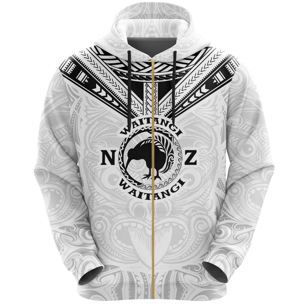 New Zealand Maori Zip Hoodie Waitangi Day White Unisex Black - Polynesian Pride