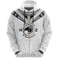 New Zealand Maori Zip Hoodie Waitangi Day White Unisex Black - Polynesian Pride