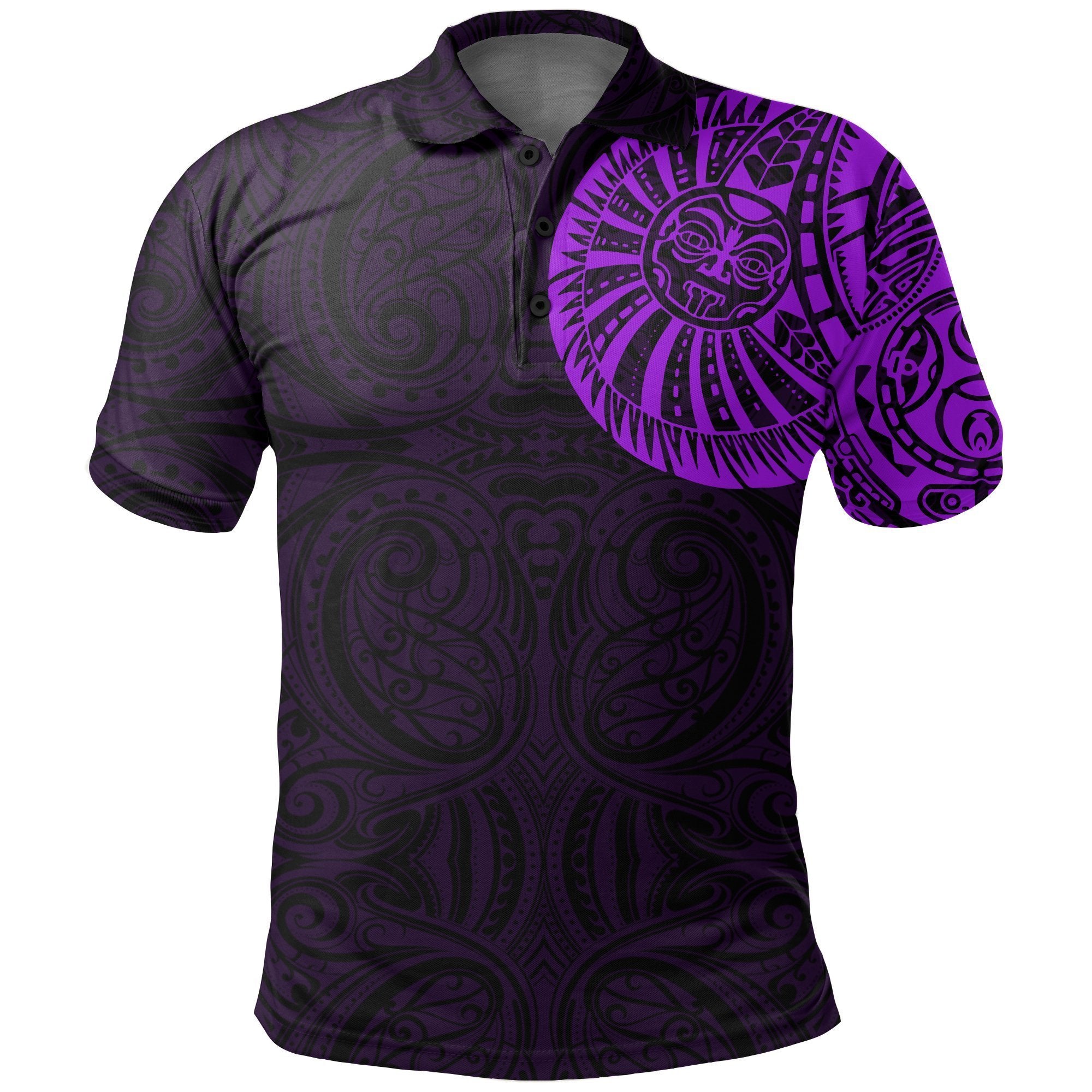 New Zealand Maori Polo Shirt, Maori Warrior Tattoo Golf Shirts Purple Unisex Black - Polynesian Pride