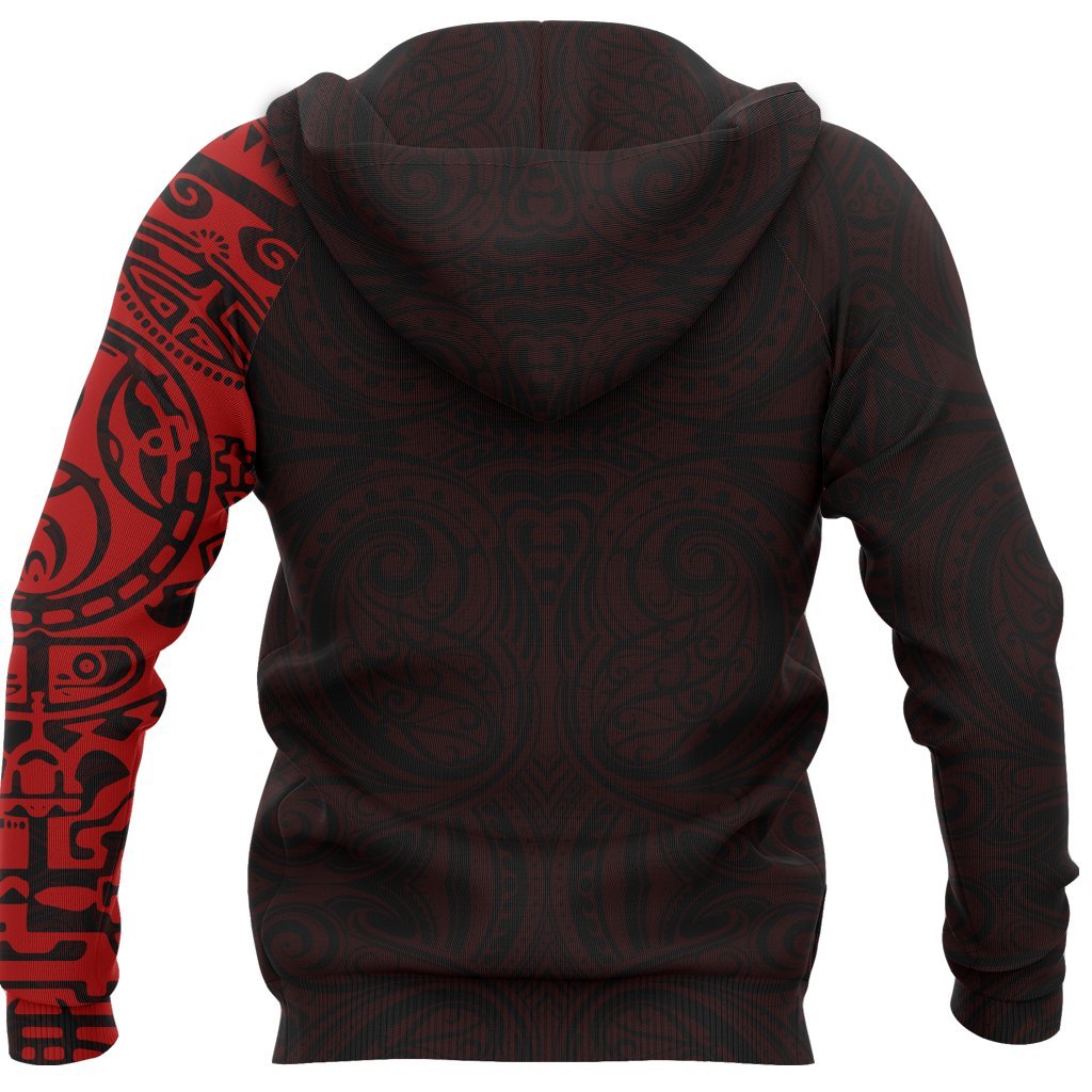 New Zealand Maori Zip Hoodie, Maori Warrior Tattoo Full Zip Hoodie Red - Polynesian Pride