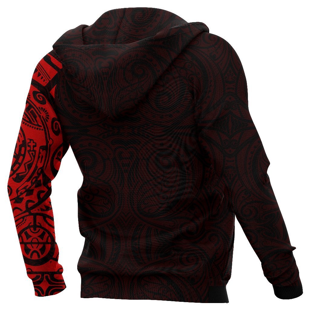 New Zealand Maori Zip Hoodie, Maori Warrior Tattoo Full Zip Hoodie Red - Polynesian Pride