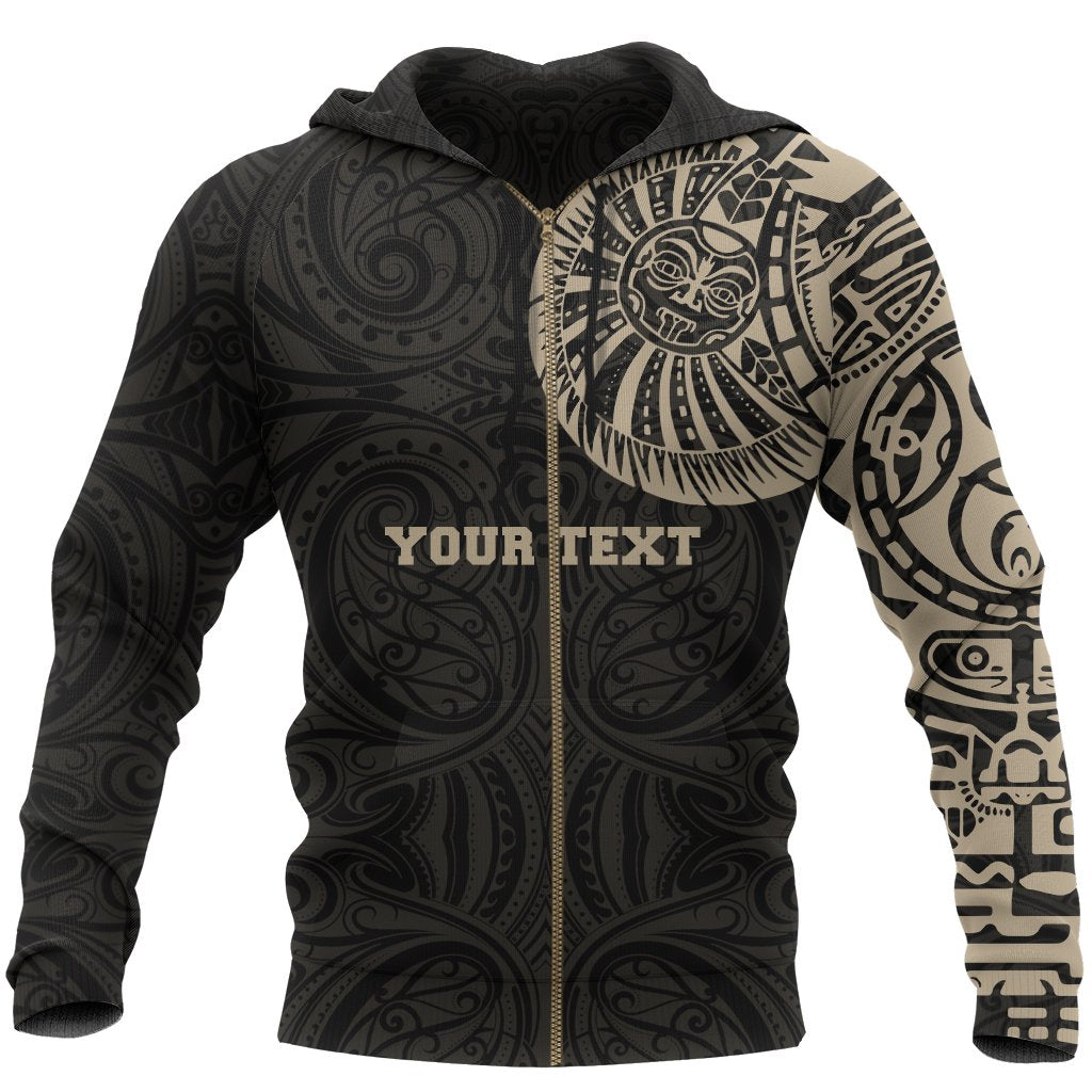 Maori Zip Hoodie, Maori Warrior Tattoo Full Zip Hoodie Tan Customized Unisex Black - Polynesian Pride