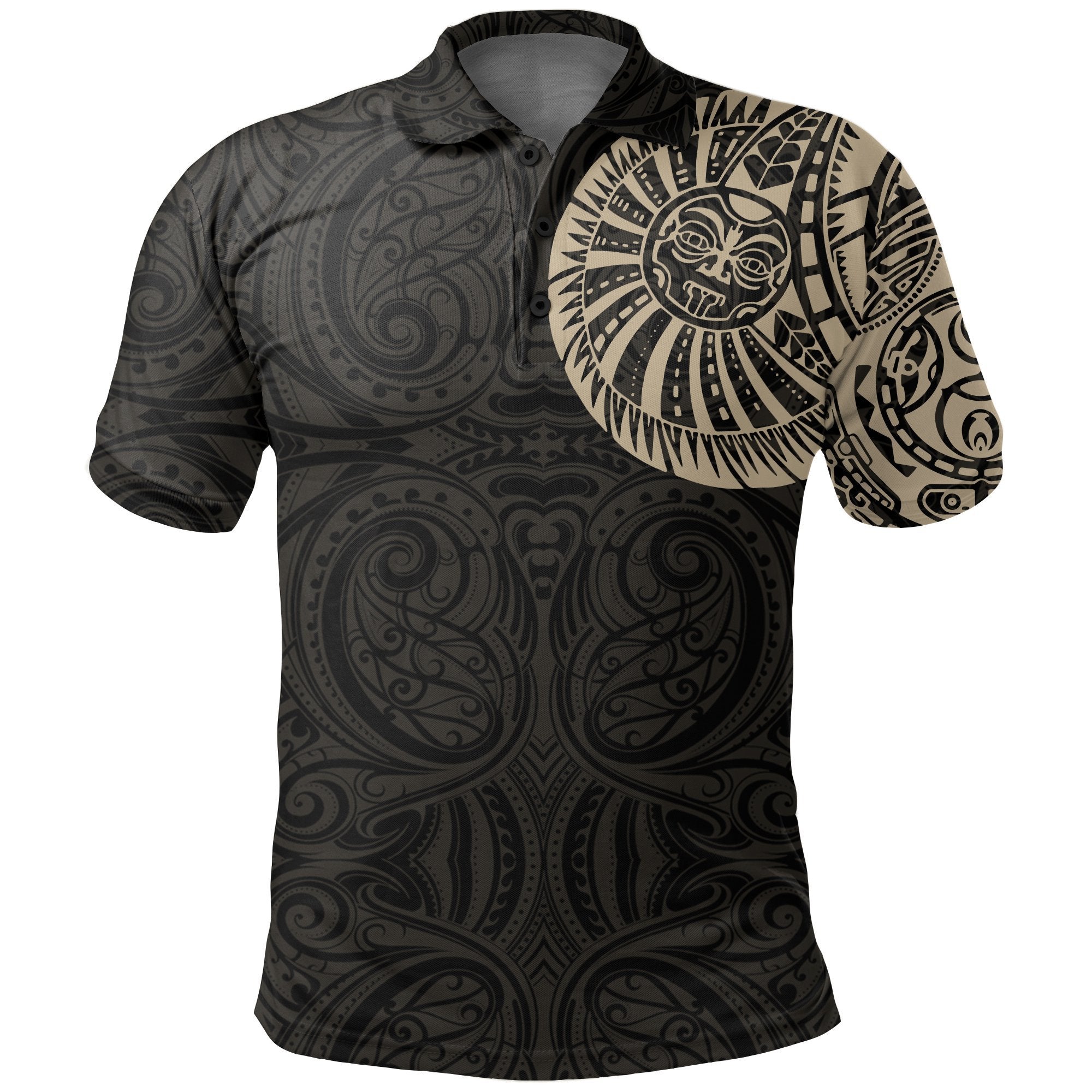 New Zealand Maori Polo Shirt, Maori Warrior Tattoo Golf Shirts Tan Black - Polynesian Pride