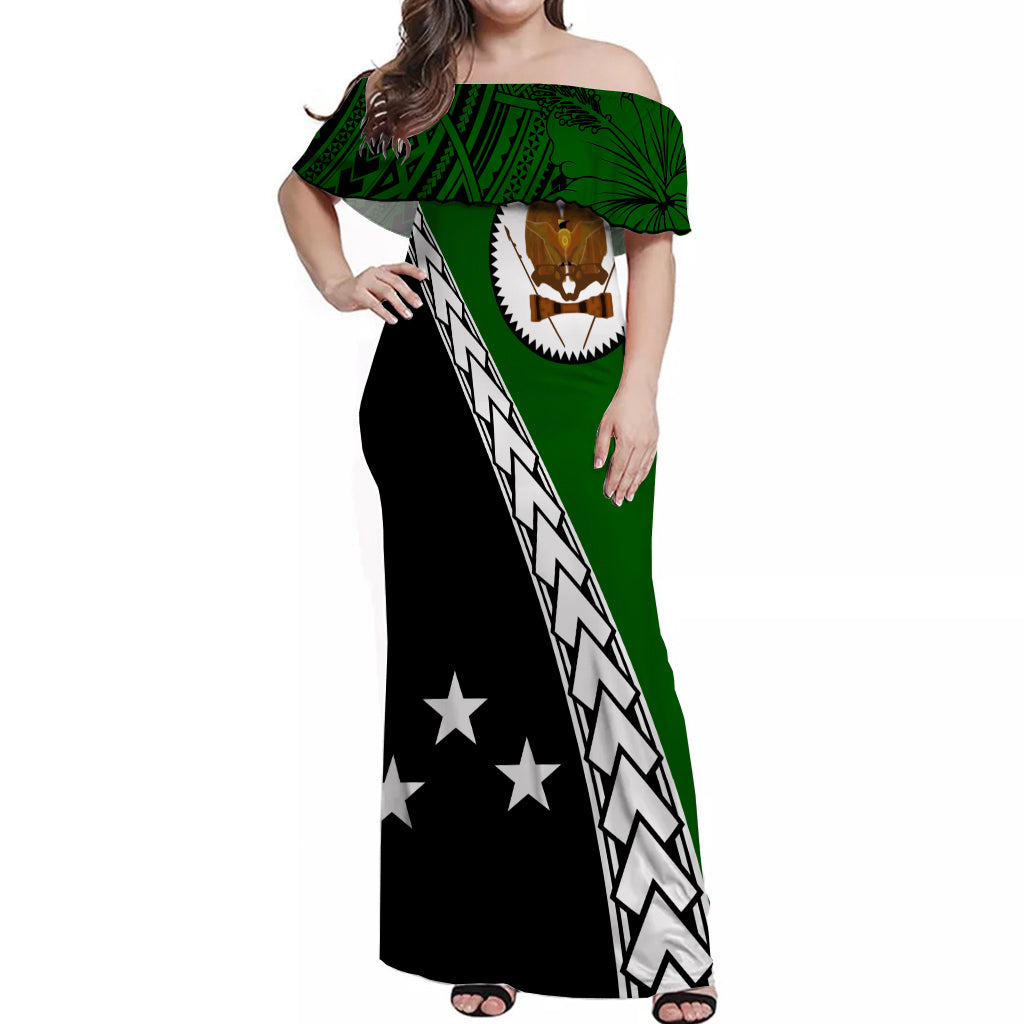 PNG Hibiscus Tribal Pattern Off Shoulder Long Dress - Western Highlands LT7 Long Dress Green - Polynesian Pride