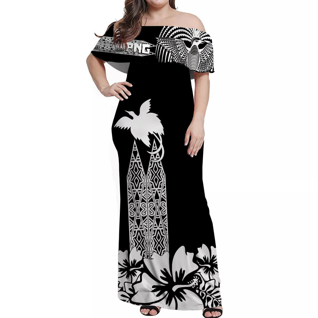PNG Hibiscus Tribal Pattern Off Shoulder Long Dress Motuan White Color LT7 Long Dress Black - Polynesian Pride