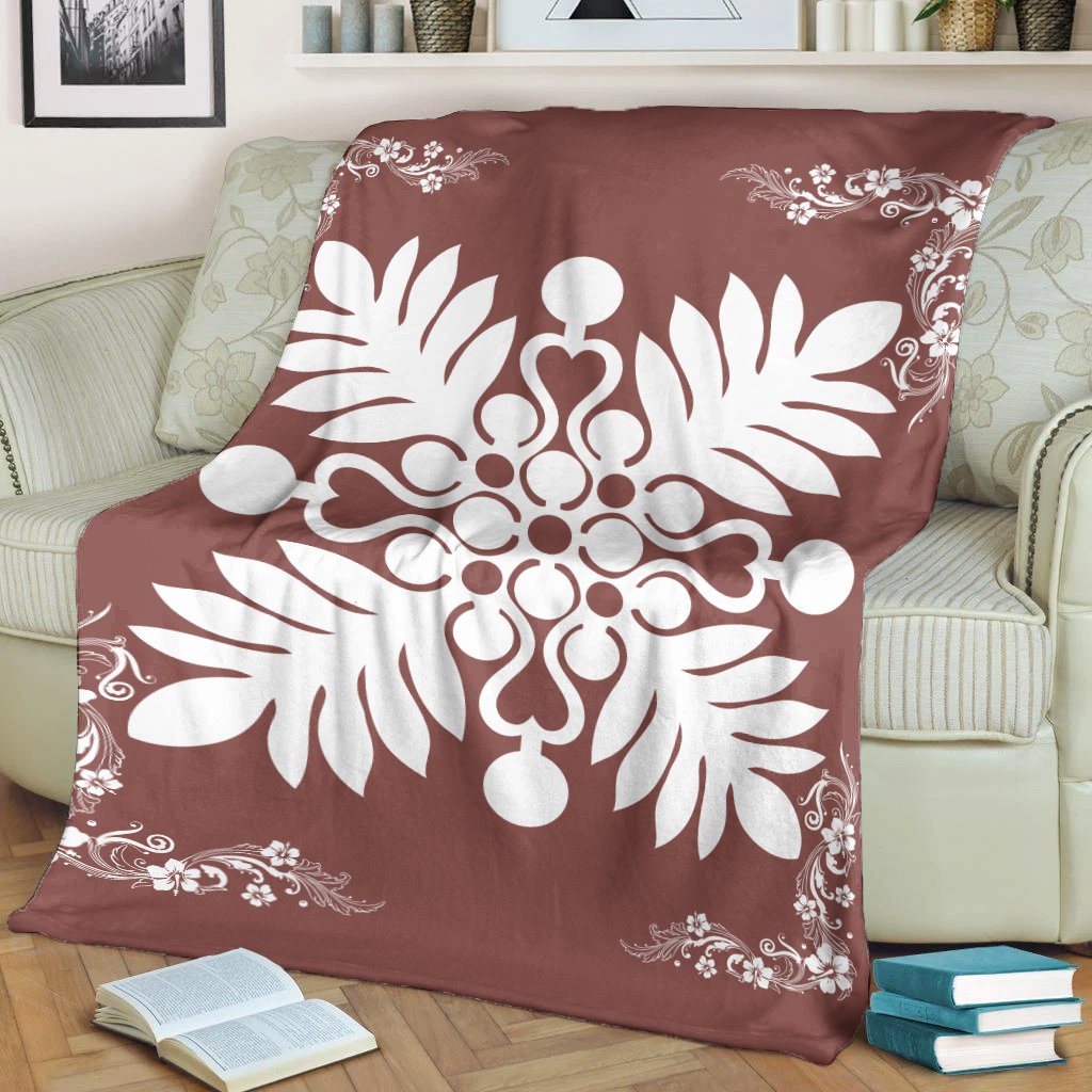 Hawaiian Quilt Maui Plant And Hibiscus Premium Blanket - White Coral - AH - Polynesian Pride