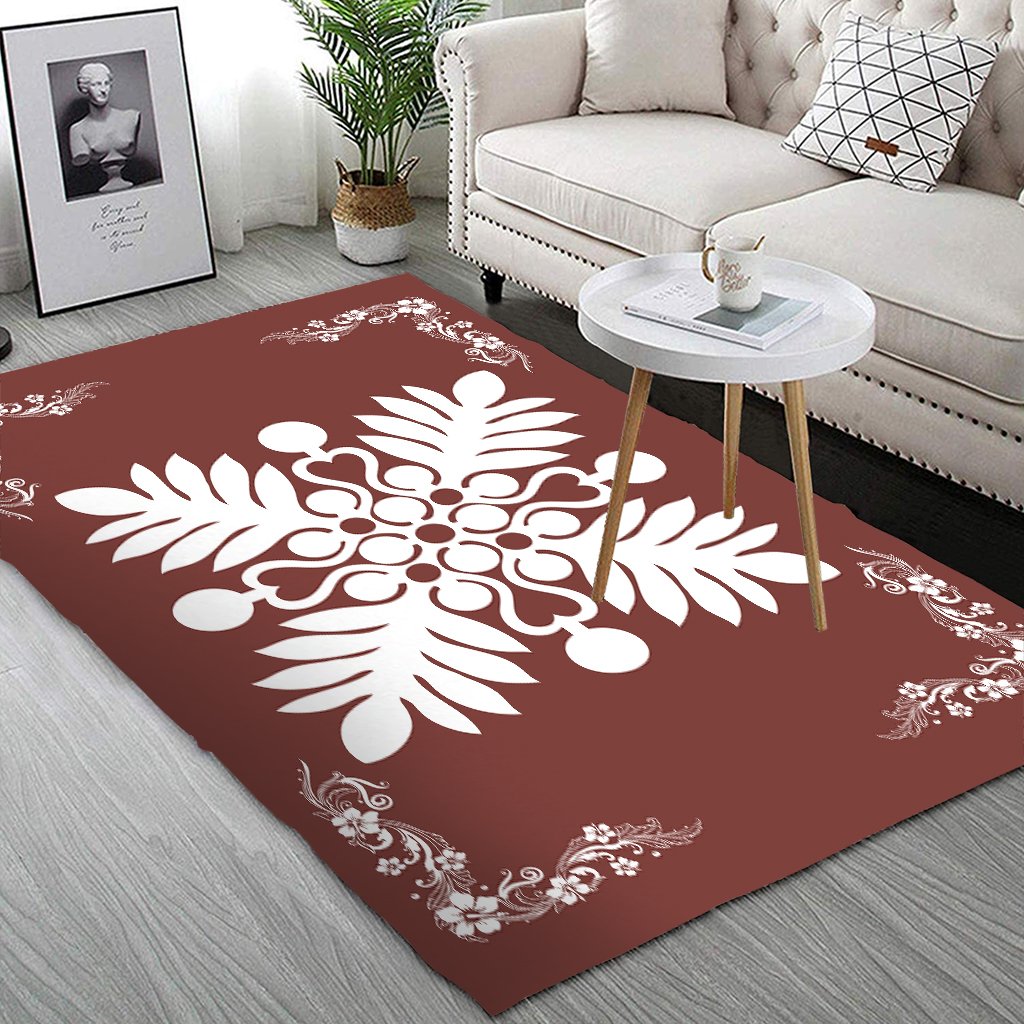 Hawaiian Quilt Maui Plant And Hibiscus Pattern Area Rug - White Coral - AH - Polynesian Pride
