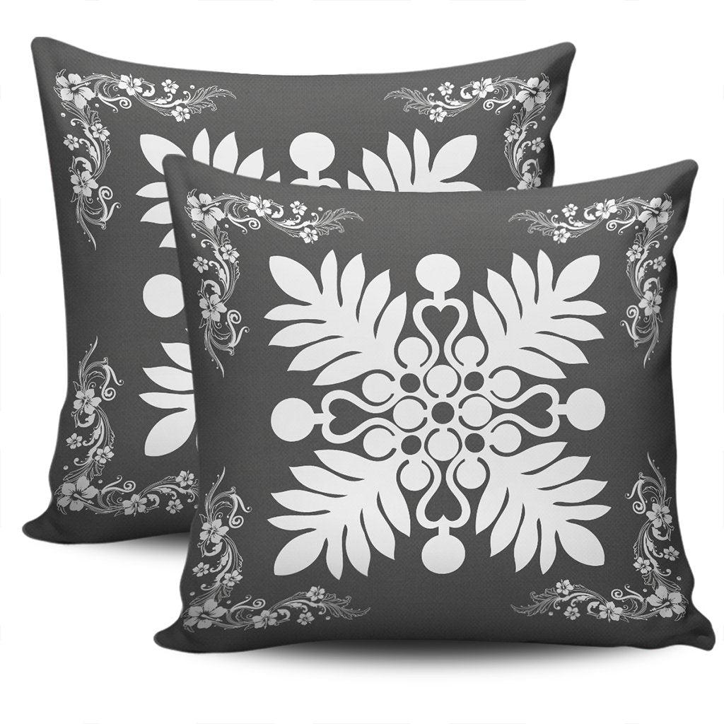 Hawaiian Quilt Maui Plant And Hibiscus Pattern Pillow Covers - White Gray - AH - Polynesian Pride