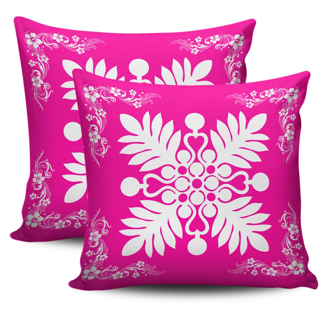 Hawaiian Quilt Maui Plant And Hibiscus Pattern Pillow Covers - White Pink - AH - Polynesian Pride