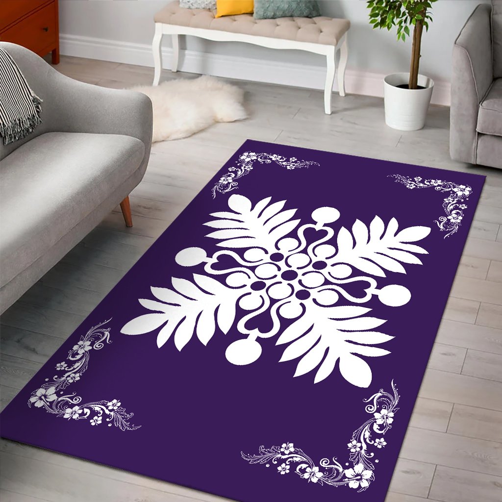 Hawaiian Quilt Maui Plant And Hibiscus Pattern Area Rug - White Purple - AH - Polynesian Pride